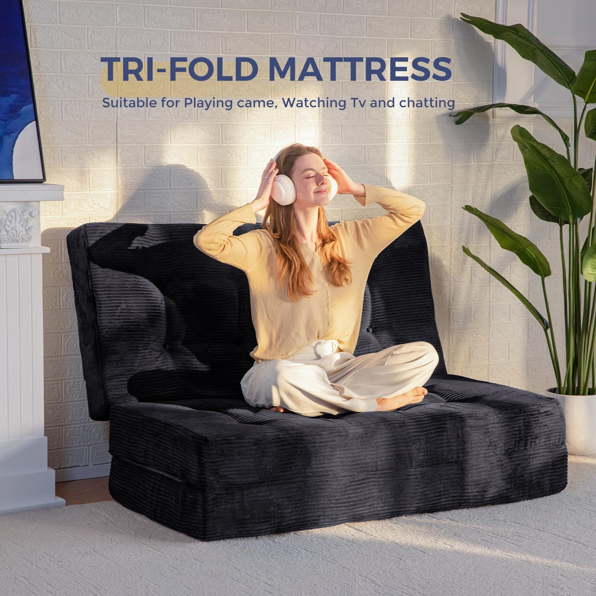 MAXYOYO Tri-Fold Mattress, 6 Inch Tufted Folding Futon Foam Bed, Foldable Floor Mattress Guest Bed Futon Topper Portable Camping Sleeping with Corded Fabric, Black, 59"x79" MAXYOYO