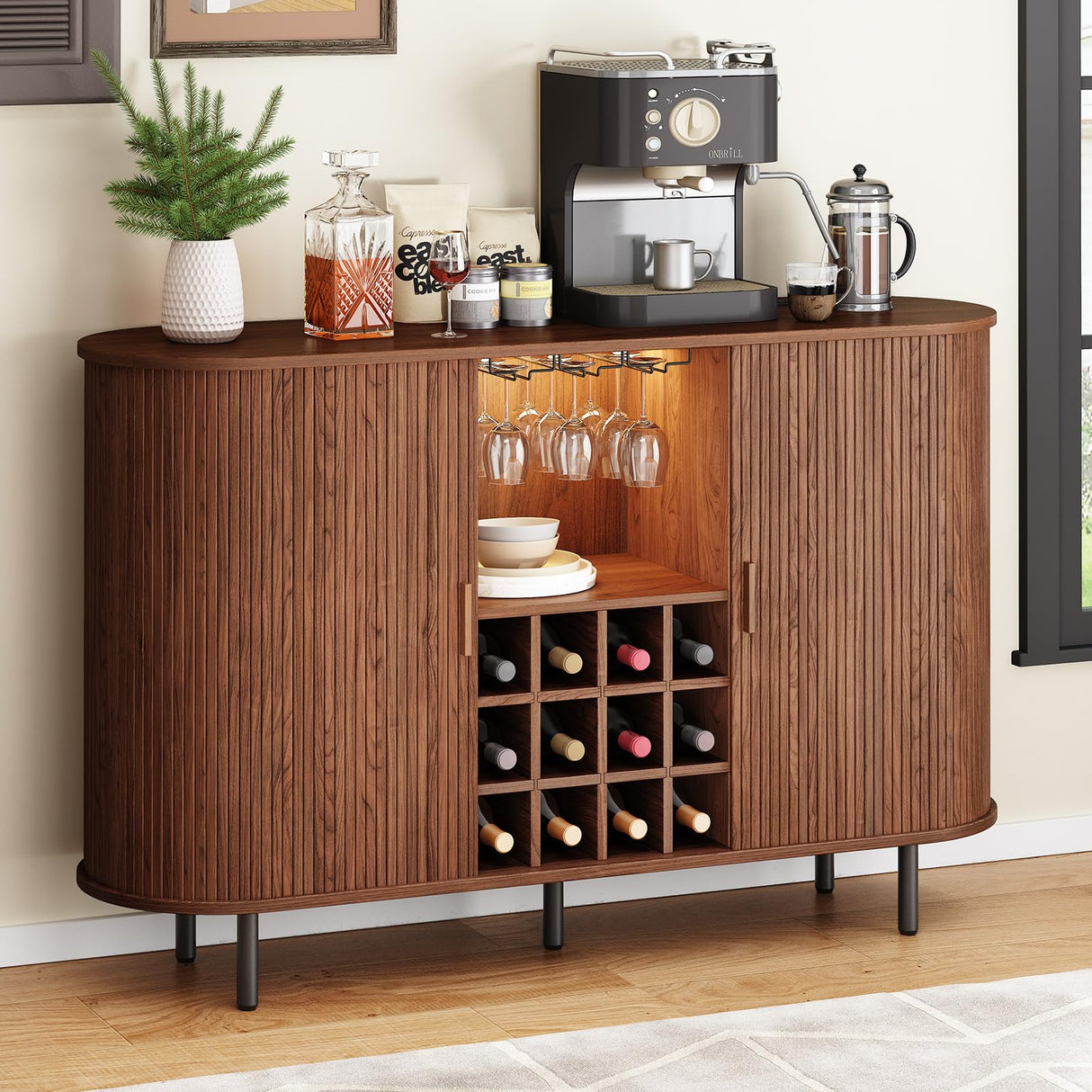 ONBRILL 55" Wine Bar Cabinet with LED Light,Modern Liquor Whiskey Coffee Station with Wine Rack and Glass Holder, Farmhouse Buffet Sideboard with Storage for Living Room, Kitchen, Entryway (Walnut) ONBRILL