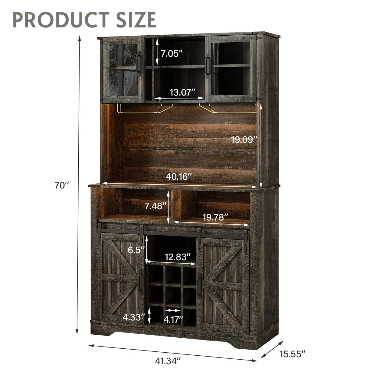 GlouMod Farmhouse Coffee Bar Cabinet with Sliding Barn Door, Buffet Cabinet with Hutch, Kitchen Pantry Cabinet with Power Outlet & Lighting, Tall Liquor Cabinet for Home Dining Room, Black GlouMod