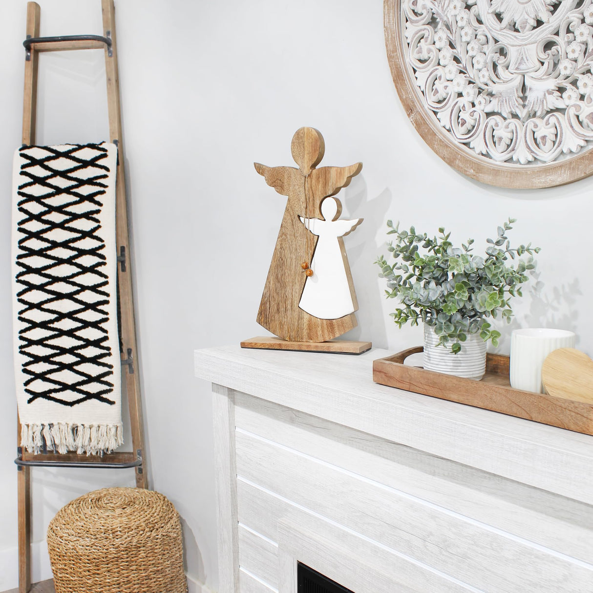 AuldHome Wood Enamel Nesting Angel Statue; Primitive Farmhouse Christmas Decor Figurine AuldHome Design
