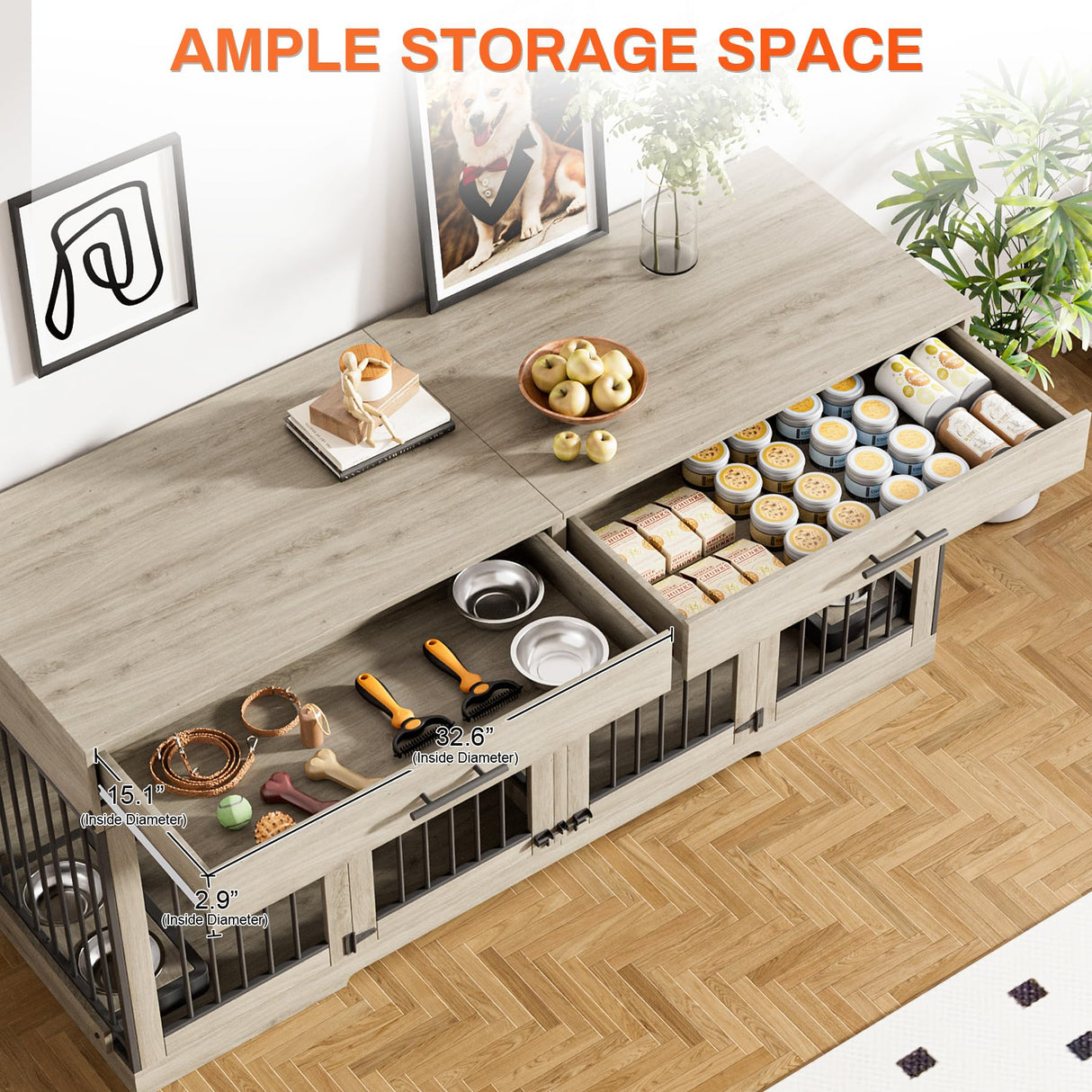 Rophefx 72" Dog Crate Furniture for 2 Dogs, Large Dog Kennel Furniture with 2 Storage Drawer and Removable Divider, Wooden Dog Cage with 4 Bowls, Indoor Dog House TV Stand for Large Medium Dog, Grey Rophefx