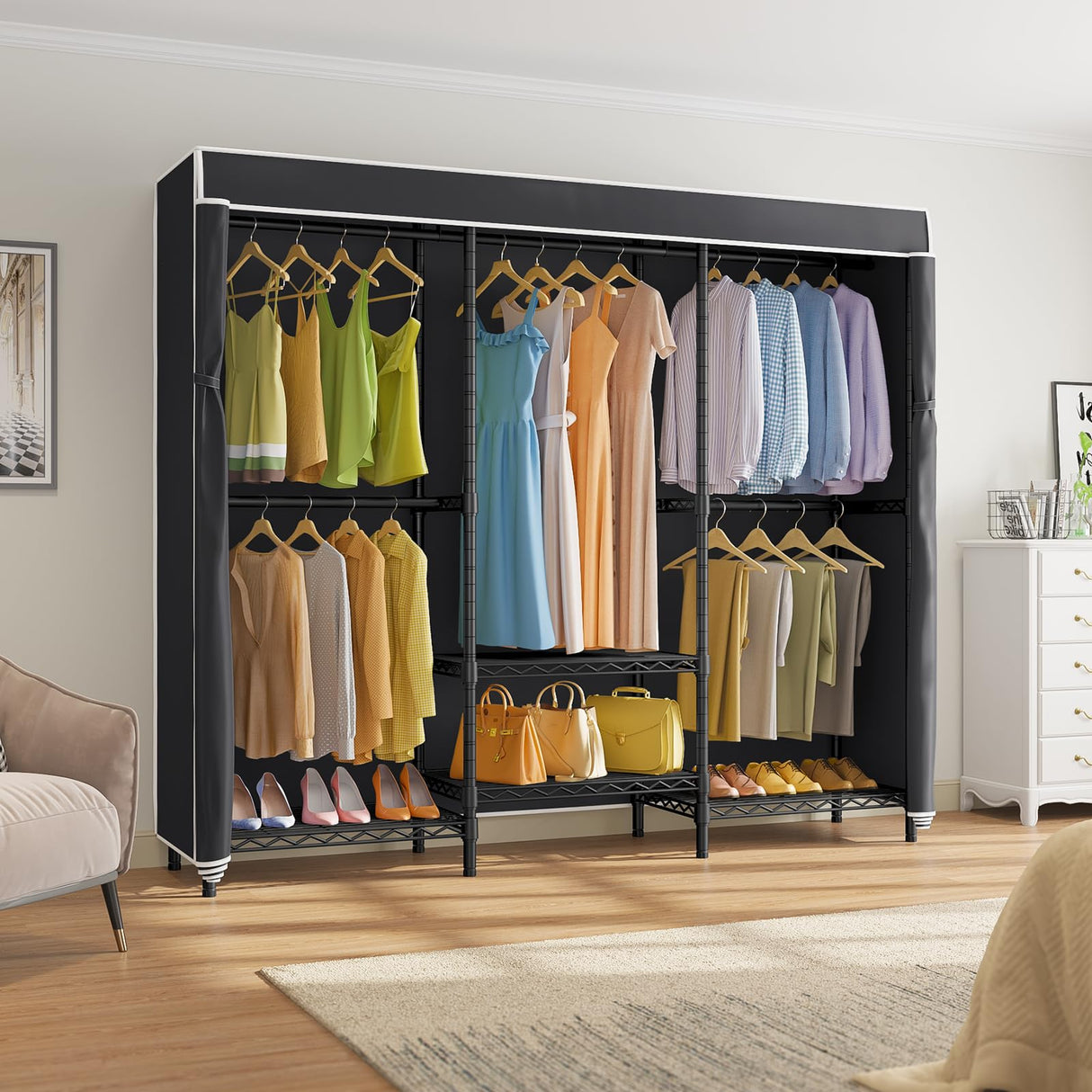 VIPEK V5C SE Garment Rack Wardrobe Closet, Heavy Duty Clothes Rack with Adjustable Shelves and Black Cover, Black Metal Closet Rack Clothing Storage Organizer for Bedroom, 70.1" Lx17.3 Wx76.4 H VIPEK