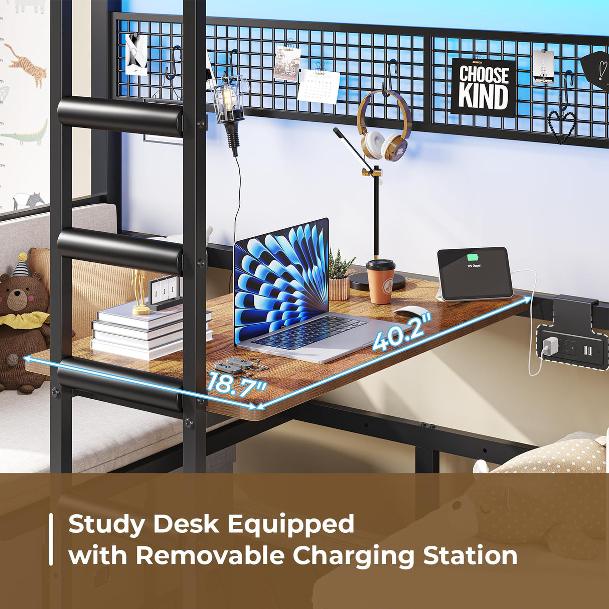 DICTAC Twin Over twin Bunk Bed with Led Lights and Charging Station Convertible Metal Twin Loft Bed with Desk and Seat bunk bed with Desk & Stair for Teen,Safety Guardrails,Black(Cushion not Included) DICTAC