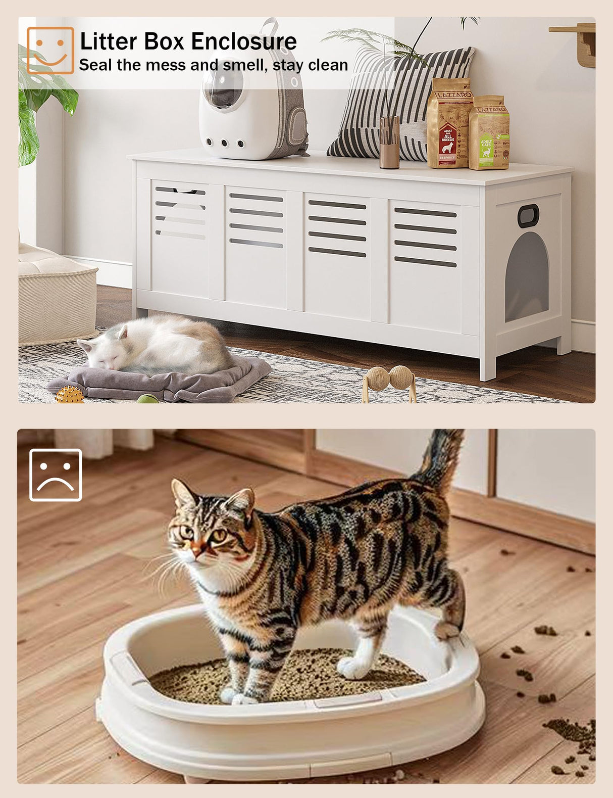 DINZI LVJ Litter Box Enclosure Furniture for 2 Cats, Top Opening Hidden Litter Box with Double Rooms, Dual Cat House with Good Ventilation, 47.2" Wooden Cat Washroom, White DINZI LVJ