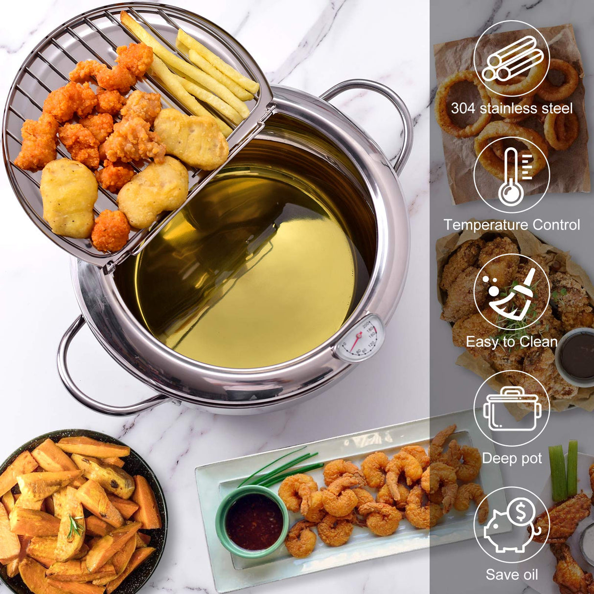 cuomaop Deep Fryer Pot, 304 Stainless Steel Japanese Frying Pot with Oil Drain, Temperature Control and Lid, Tempura Deep Fryer Pot for Kitchen Stove/Induction Cooker French Fries Fryer Chicken 9.4" cuomaop