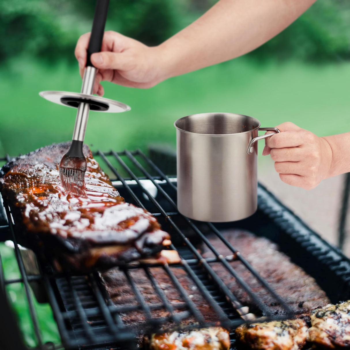 Geesta Adjustable Sauce Pot and Basting Brush Set, Long Stainless Steel Basting Brush for Cooking, Smoking, Fathers Day Grilling Gifts for Men Smoker Accessories, Large Capacity Grilling Tools, 1 Pack Geesta