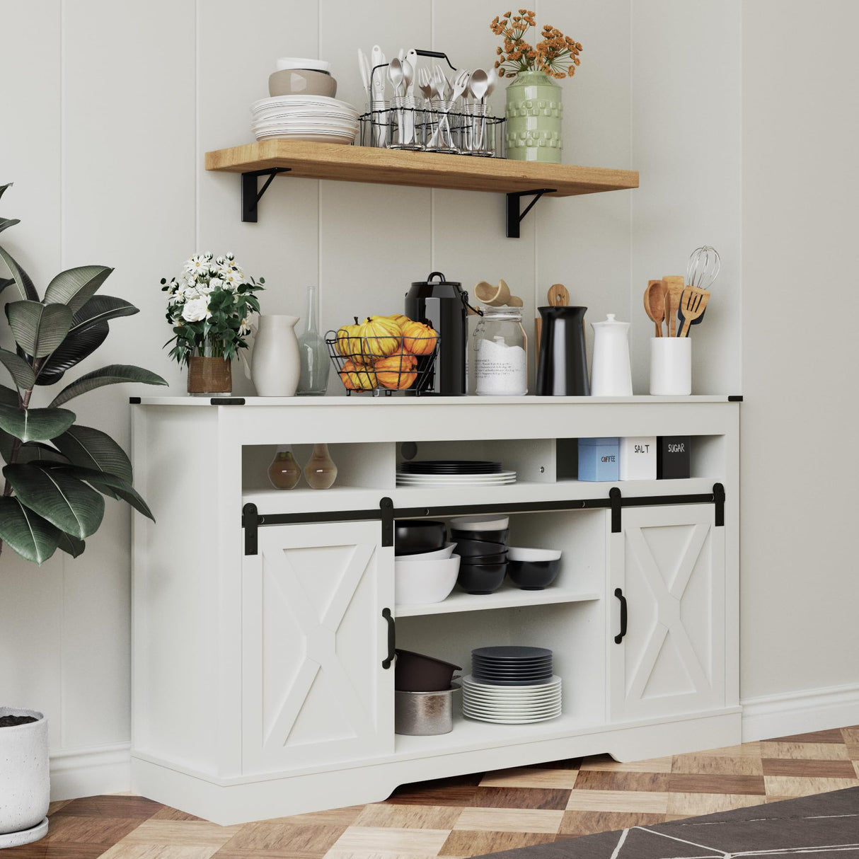 RoyalCraft Farmhouse TV Stand with Sliding Barn Door for TVs up to 65+ Inch, 34" Tall Entertainment Center, Wood Media Console Storage Cabinet for Bedroom, Living Room, White RoyalCraft