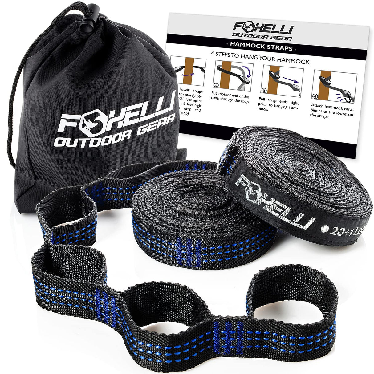 Foxelli XL Hammock Straps - Extra Long 20FT Heavy Duty No-Stretch Suspension System, 40+2 Loops, 2000 LBS Capacity, for Indoor/Outdoor Use – Set of 2 Straps & Carry Bag Foxelli