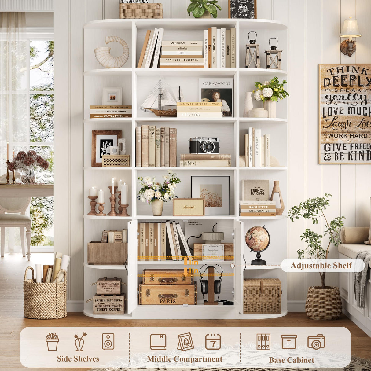 HOSTACK 75" Tall Book Shelf and Bookcase, 6 Tier Bookshelf with Storage, 47" Wide Bookcase with Doors, Freestanding Wood Display Shelves with Book Storage Cabinet for Home Office, Living Room, White HOSTACK