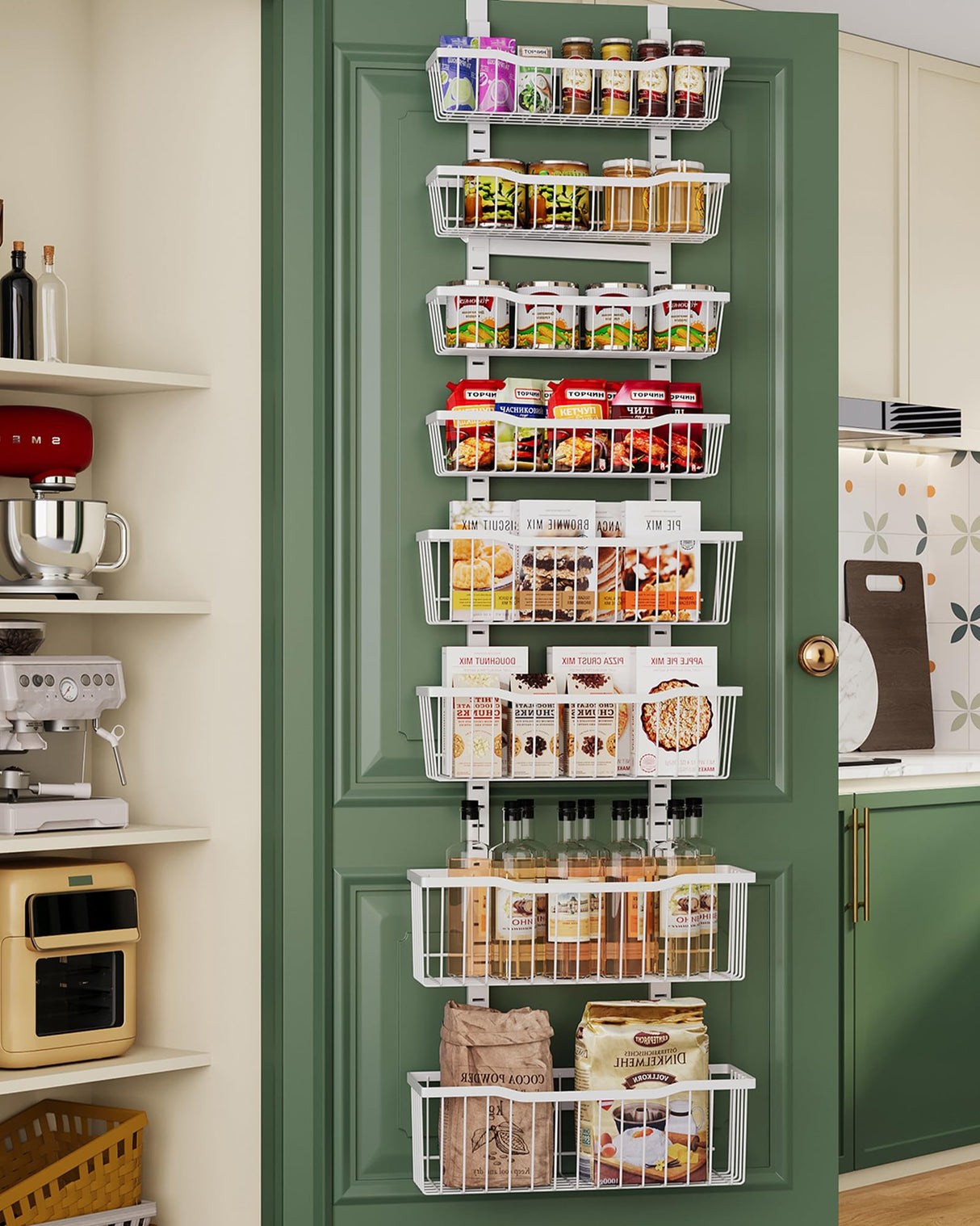 Eastherry Over The Door Organizer,8-Tier Over The Door Pantry Organizer with Adjustable Baskets,Metal Hanging Pantry Organizers and Storage for Kitchen, Back of Door Seasoning Rack (White) Eastherry
