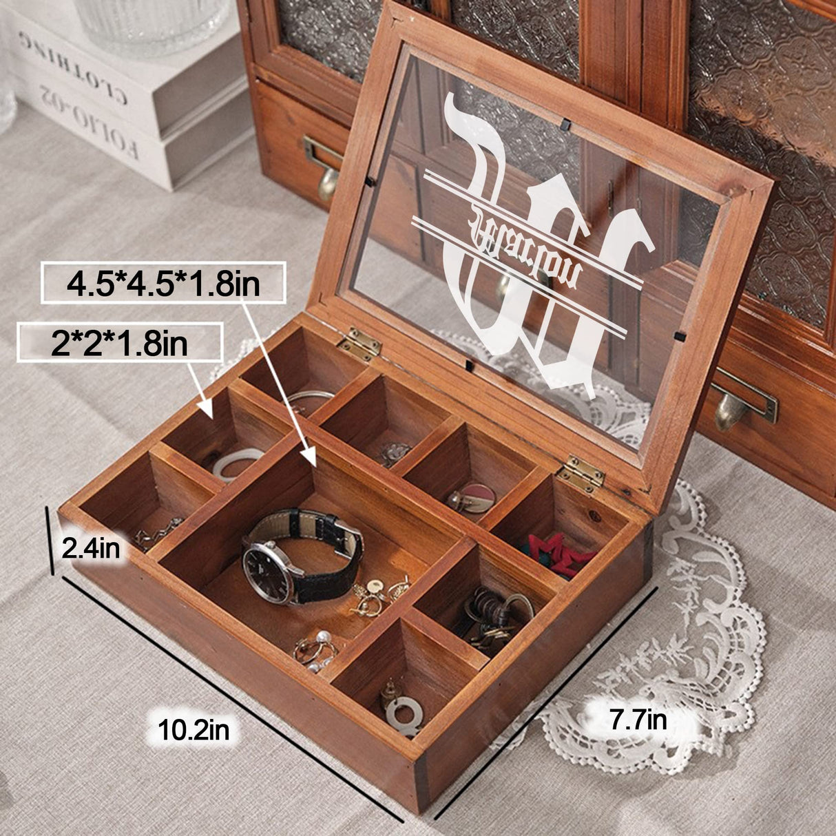 Personalized Wooden Jewelry Box Organizer for Men Custom Gifts for Dad Husband Grandpa Boyfriend Customized Watch Jewelry Storage Box with Initial Name, Gifts for Fathers Day Birthday Anniversary Generic