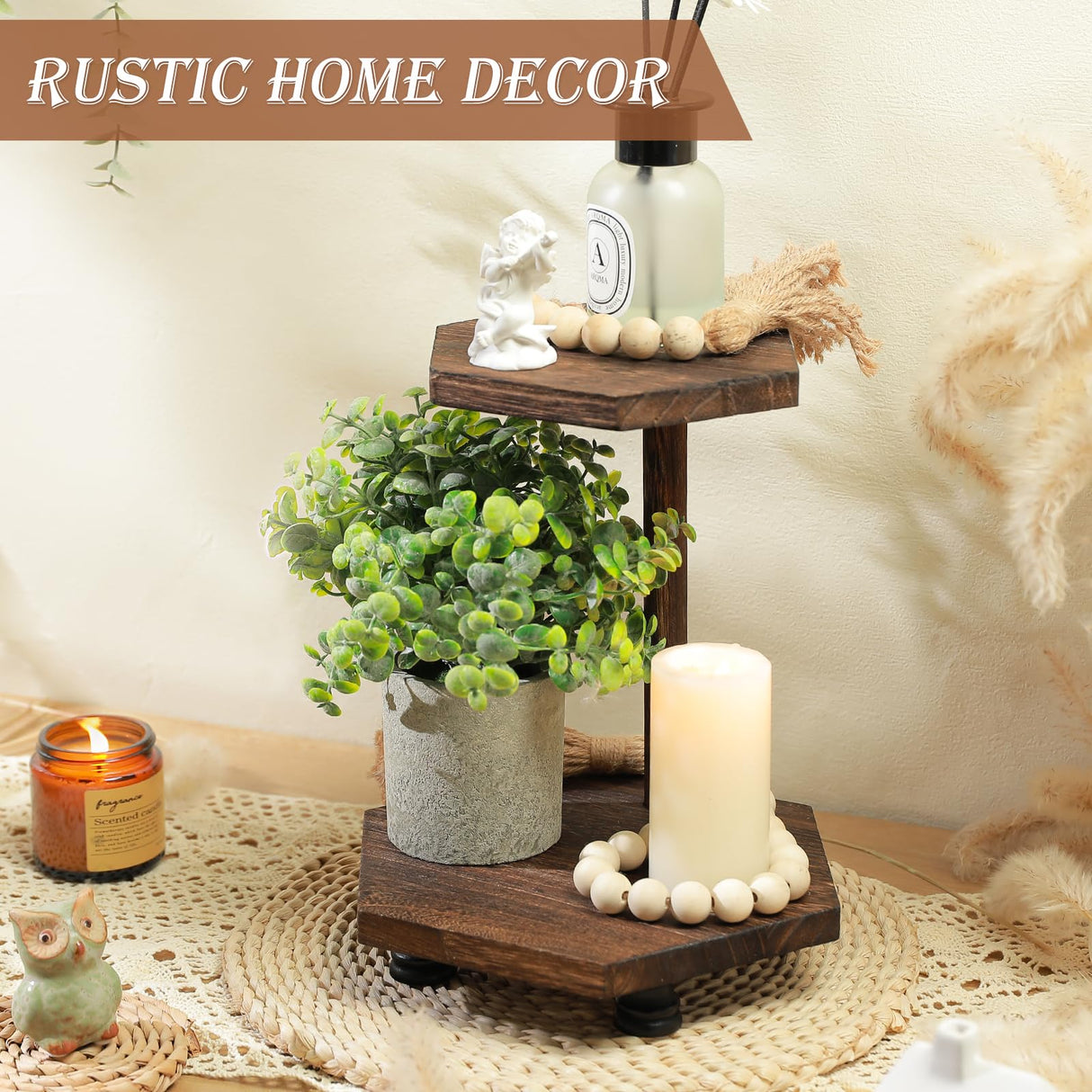 Tikea Hexagonal Wood Riser for Display, 2-Tier Rustic Wood Farmhouse Riser for Kitchen Bathroom Counter Decor, Decorative Tray for Soap Dispenser, Decorations and Plant (Brown) Tikea