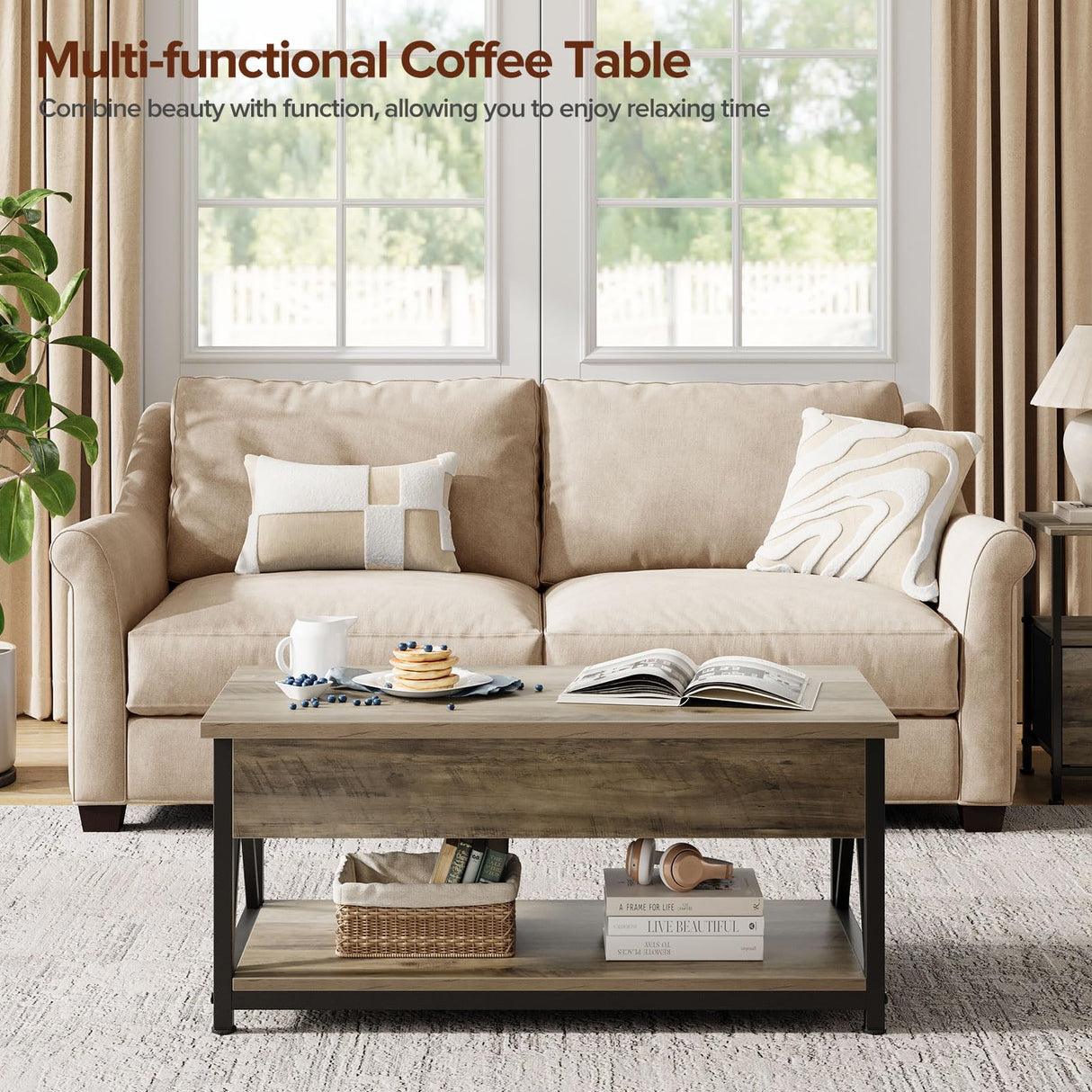 Memobarco Lift Top Coffee Table,Lift Coffee Tables with Storage Shelf and Large Hidden Compartment for Living Room,Lift Tabletop Dining Center Table for Small Space, Grey Memobarco