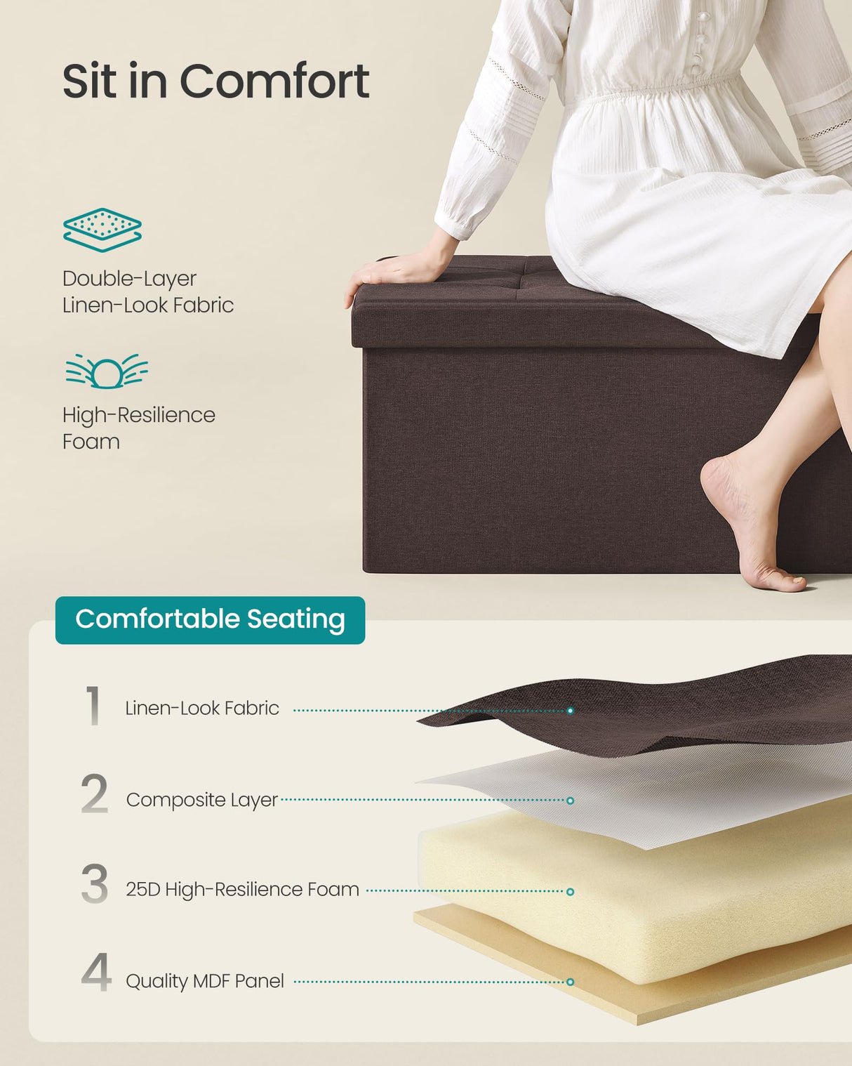 SONGMICS MAZIE Collection - 43 Inches Folding Storage Ottoman Bench, Ottoman Foot Rest, End of Bed Bench, Storage Chest, Load 660 lb, for Living Room, Bedroom, Entryway, Brown ULSF77BR SONGMICS