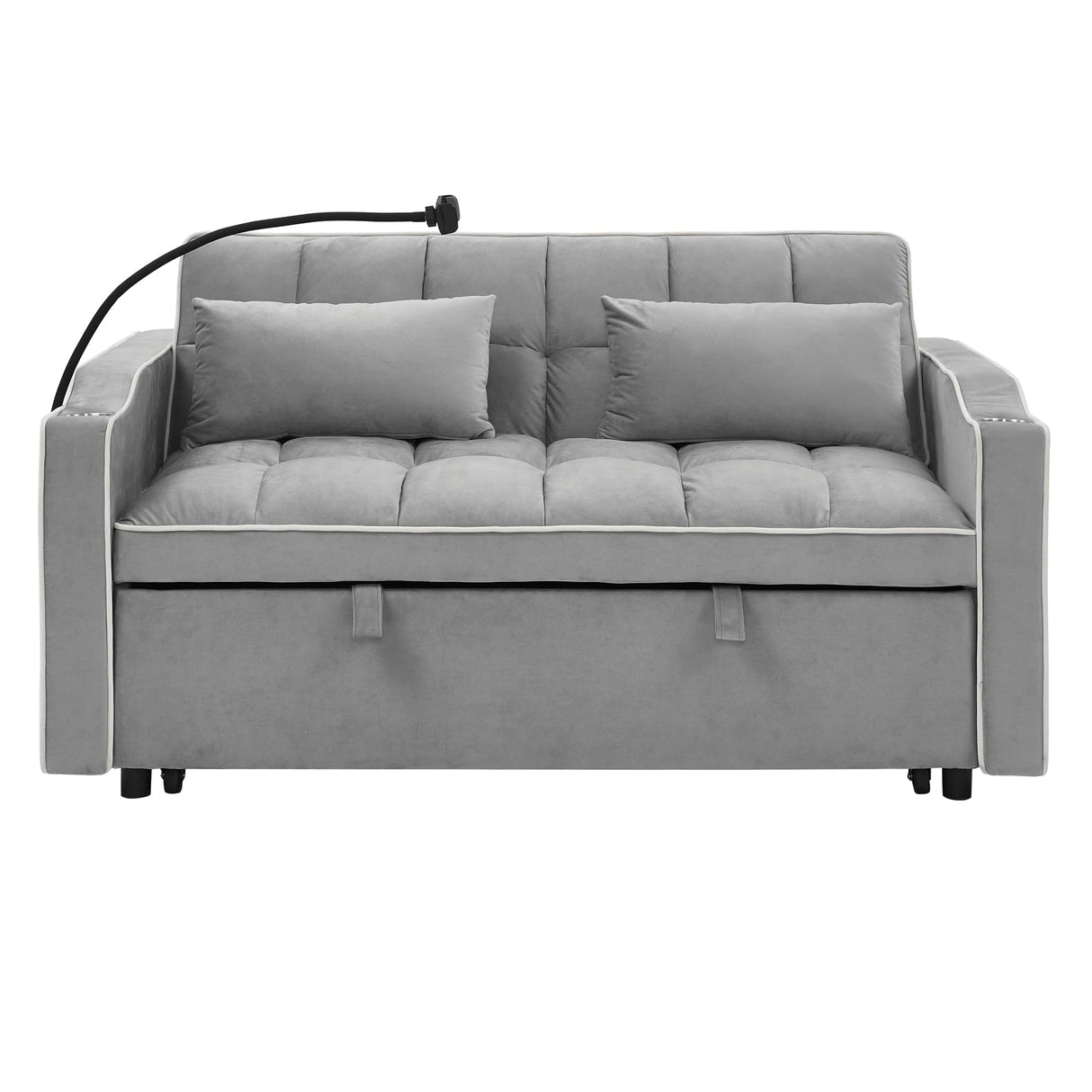 Foldable Sofa Bed with 2 USB Charging Ports, Pull Out Velvet Loveseat Sleeper with Phone Holder, Modern Futon Couch with Cup Holders & Adjustable Backrest for Living Room,Grey Merax