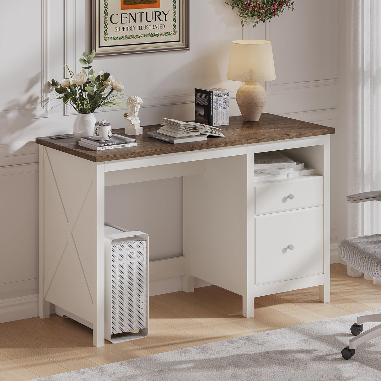 ChooChoo 47" Farmhouse Desk with Drawers, Wood Home Office Computer Desk with Charging Station, 2 Storage Drawers and Open Shelf, Writing Study Table Vanity Desk for Bedroom ChooChoo