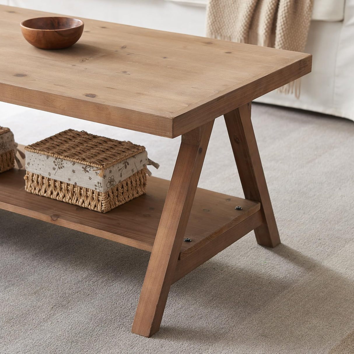 Farmhouse Coffee Table,Solid Wood Center Tables with Storage Shelves & Sturdy A-Shaped Legs, Modern Rustic 2-Tier Rectangular Table for Living Room and Office, Natural WINWY