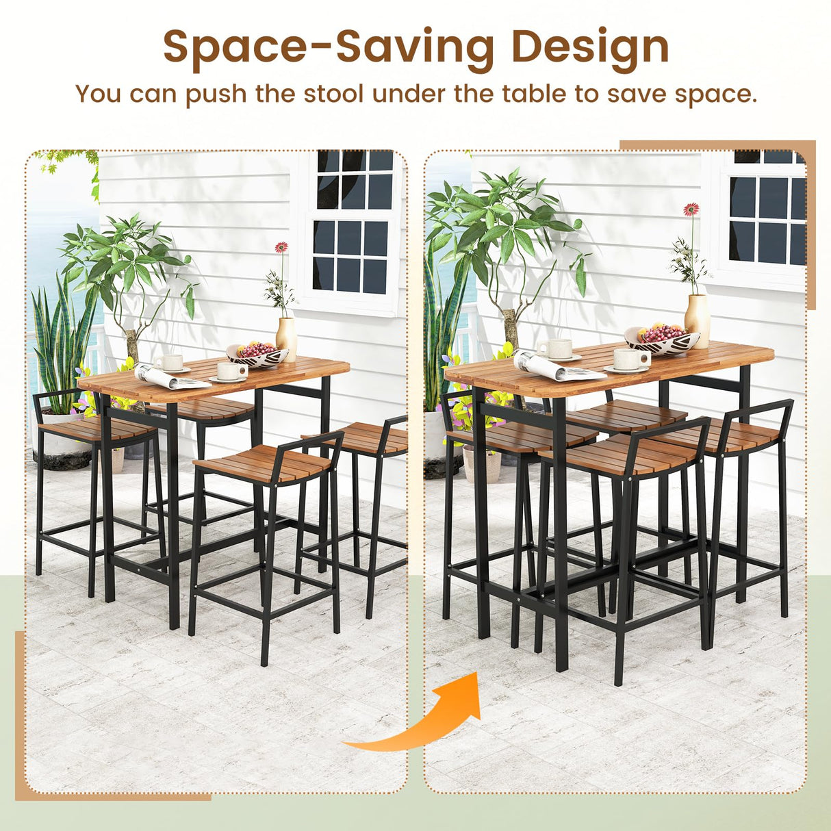 HAPPYGRILL 5-Piece Acacia Wood Outdoor Bar Set with Metal Frame & Footrest HAPPYGRILL