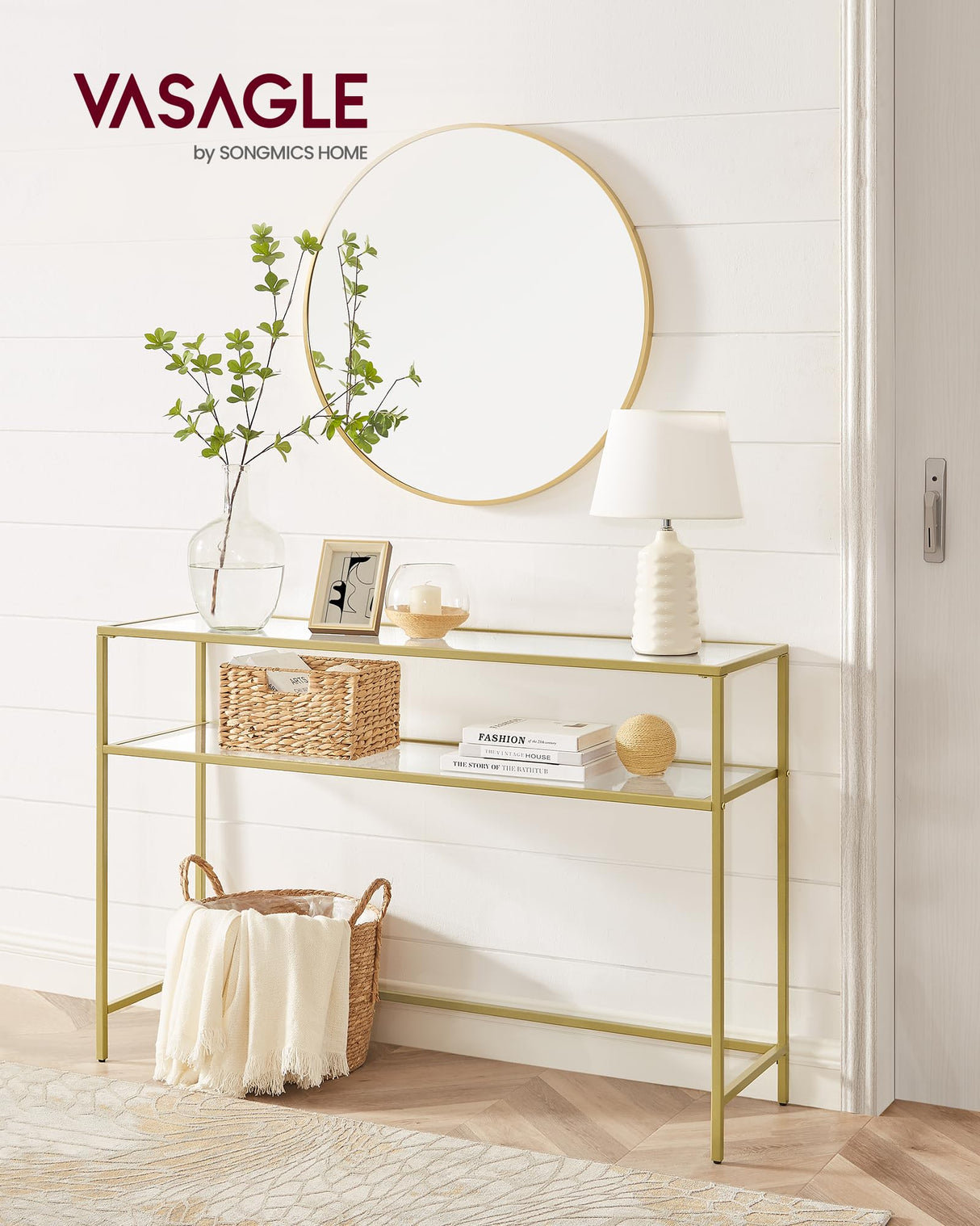 VASAGLE 47.2 Inch Console Sofa Table, Modern Entryway Table, Tempered Glass Table, Metal Frame, 2 Shelves, Adjustable Feet, for Living Room, Hallway, Gold Color ULGT045A61 VASAGLE