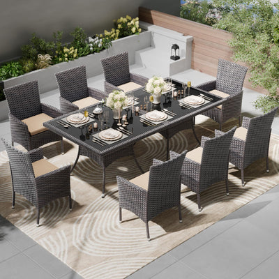 Kullavik 10-Piece Outdoor Dining Set Patio Rattan Furniture Set,Patio Dining Table and Chairs Set with 8 Chairs and Cushions,Square Glass Tabletop with Umbrella Hole for Patio,Backyard,Garden,Sand