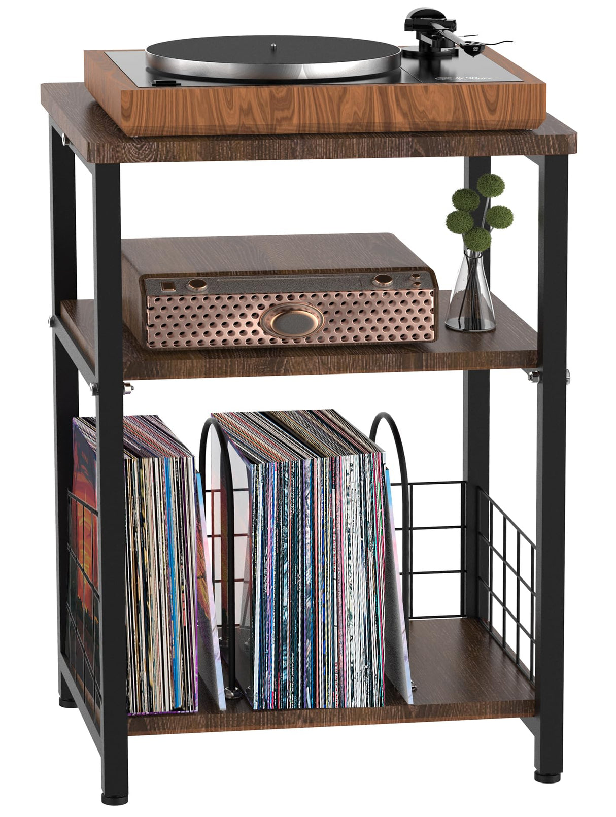 Tuohours Record Player Stand, 3 Tier End Side Table with Vinyl Record Storage Basket, Turntable Table up to 100 Albums Record Shelf Display Holder Cabinet for Living Room, Bedroom, Office Tuohours