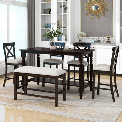 6-Piece Dining Table Set Wood Rectangular Couter Height Dining Table with 4 Chairs and a Bench Modern Dining Set for 6 People Ideal for Kitchen, Dinning Room and Bar Table, Espresso