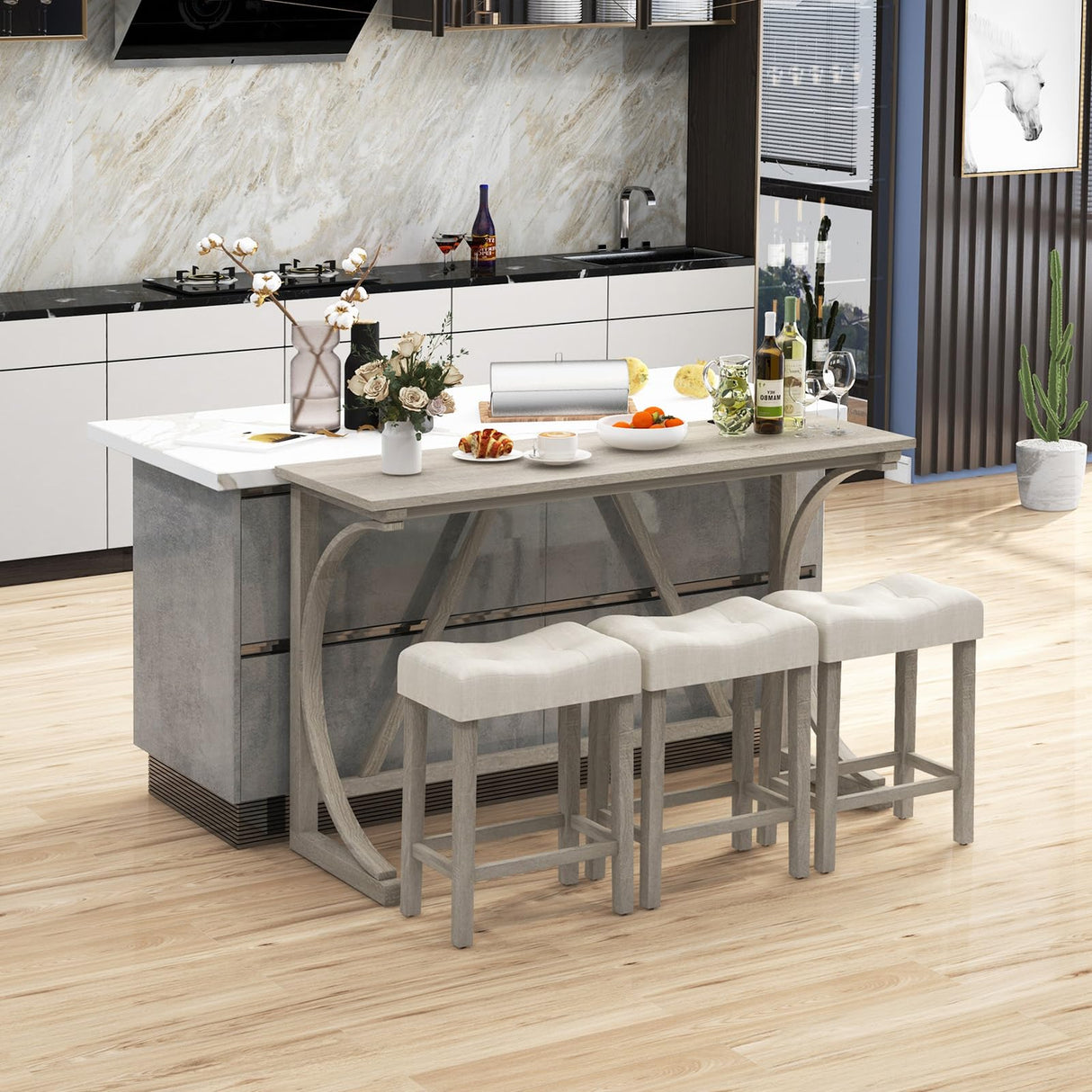 COSTWAY 4-Piece Farmhouse Bar Table Set with Power Outlet, Counter Height Dining Table Set w/ 3 Upholstered Stools, Wood Console Table Set Bistro Table Set for Kitchen, Dining Room, Living Room COSTWAY