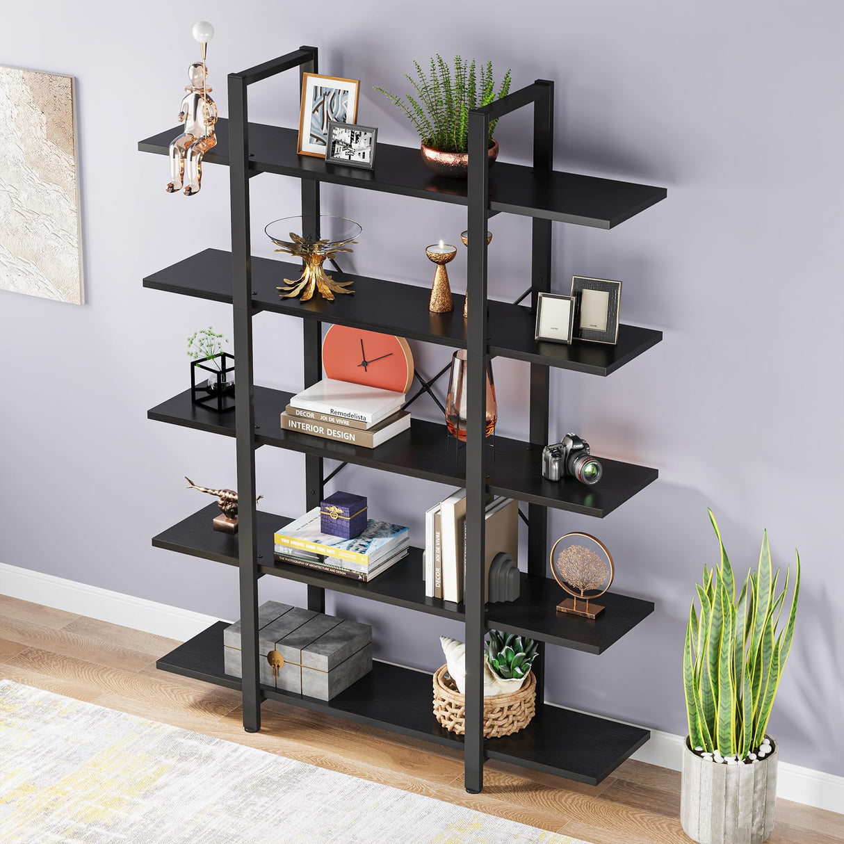 Tribesigns 5-Tier Bookshelf, Vintage Industrial Style Bookcase 72 H x 12 W x 47L Inches, Black Tribesigns