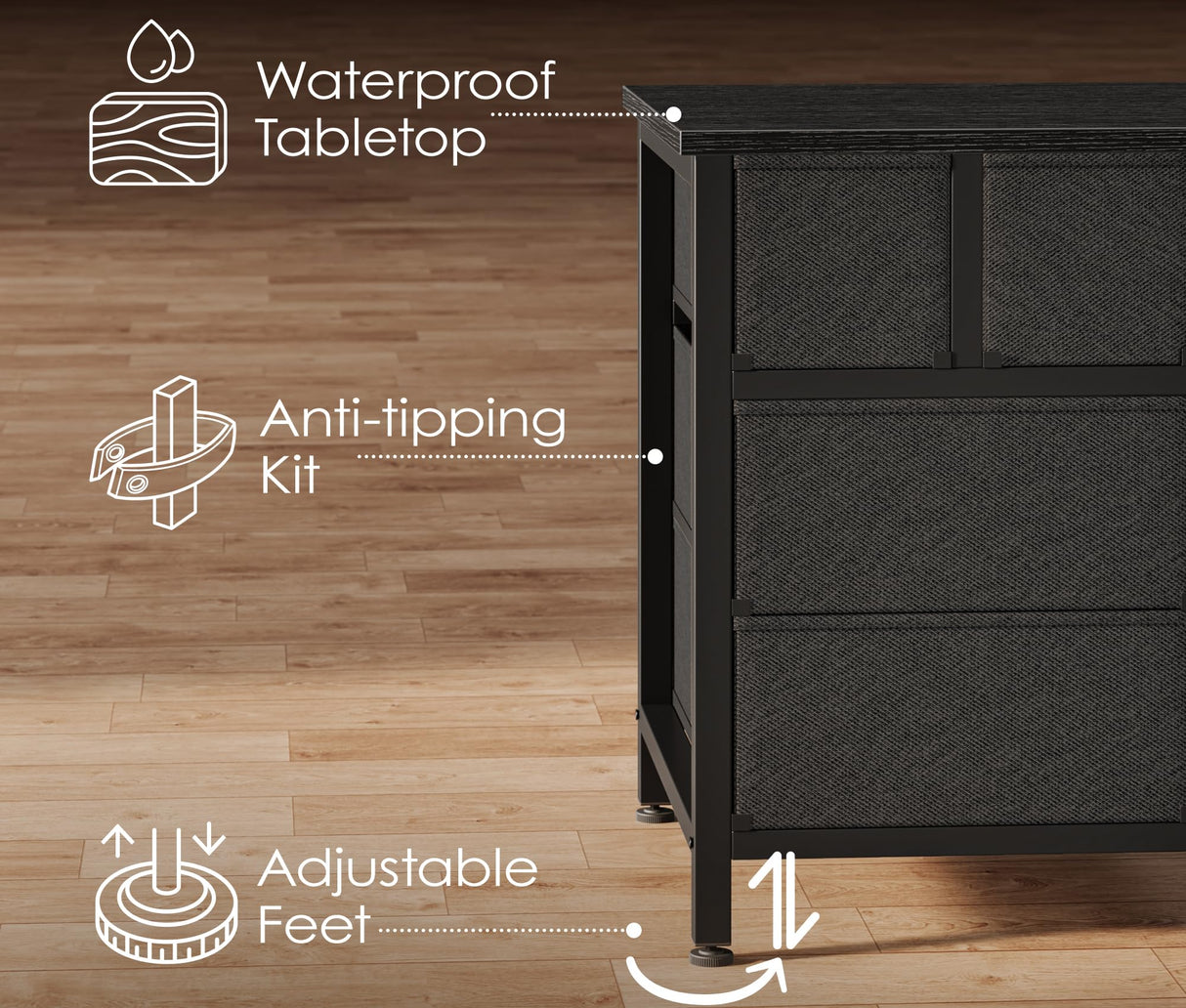 Huuger 63 Inch Dresser TV Stand with LED Lights, Power Outlets and USB-C Port, 12 Fabric Drawer Dresser for Bedroom, Wide Entertainment Center for 65, 70 Inch TV, Open Shelf, Black Huuger