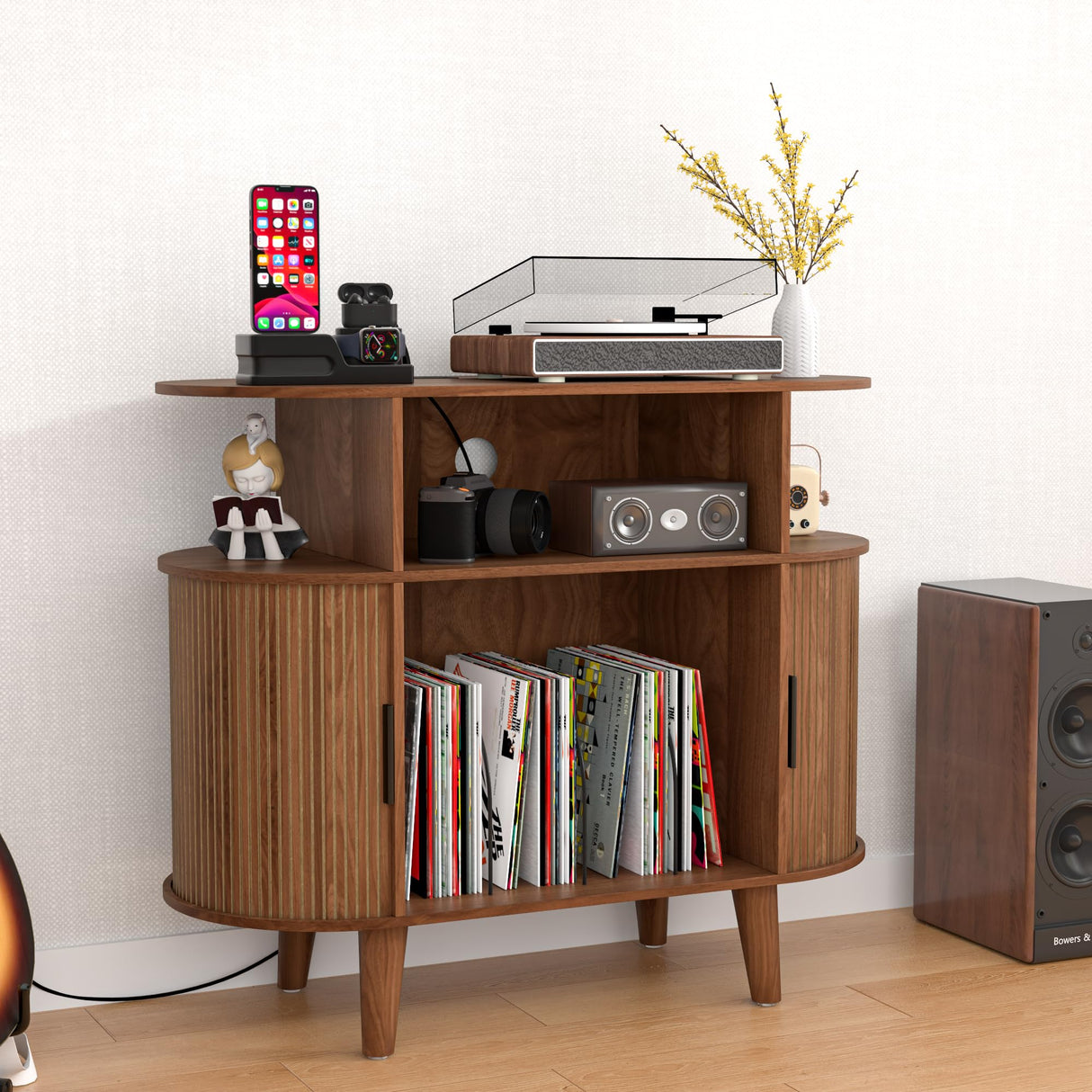 LUVIOHOME Round Record Player Stand, Mid-Century Record Player Table, Vinyl Record Player Shelf with Power Outlet Sideboard Buffet Cabinet, Storage Shelf for Living Room (Brown) LUVIOHOME