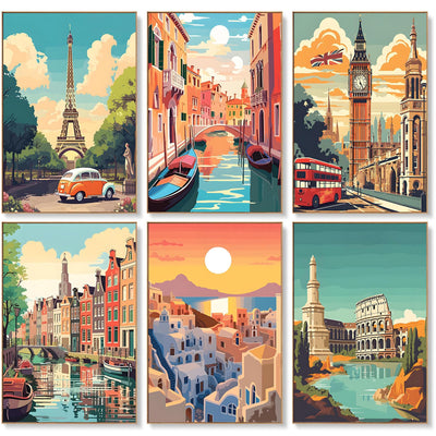 6 Pack Paint by Numbers Kit for Adults Beginners - 8x12 Inch Vintage Travel Adult Paint by Number Kits on Canvas, Cityscape DIY Acrylic Oil Number Painting Kits for Adults, Perfect for Gift Home Decor