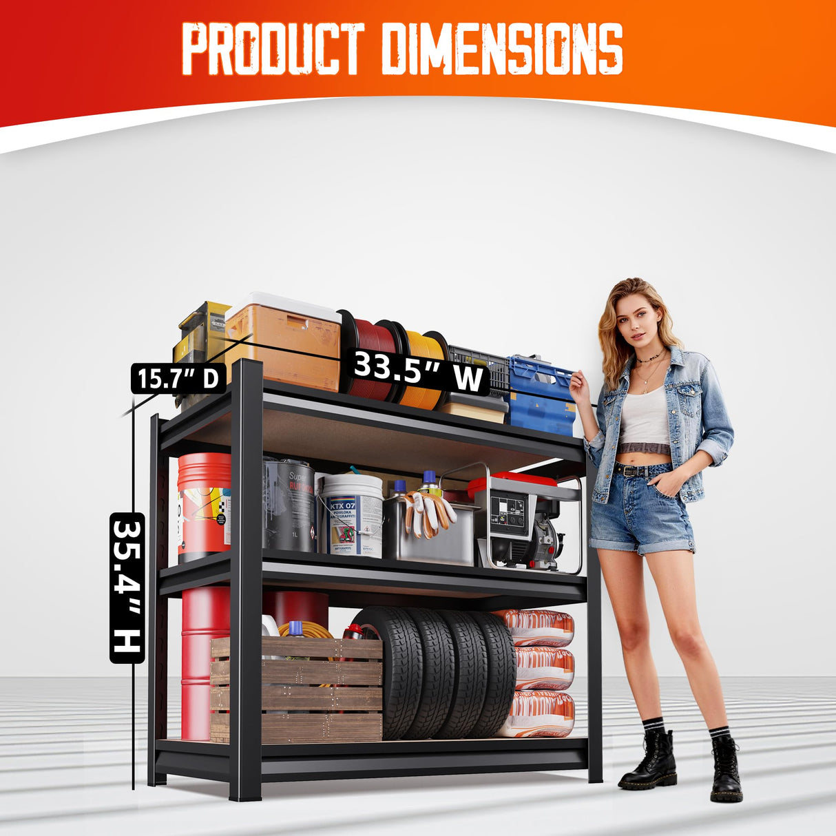 Garage Shelving,3 Tier Garage Storage Shelves,Adjustable Heavy Duty Metal Shelving Units and Storage Large Rack,Utility Steel Shelf For Shop Warehouse Industrial Pantry Basement Organizers 33"x35"x16" JOJUOU