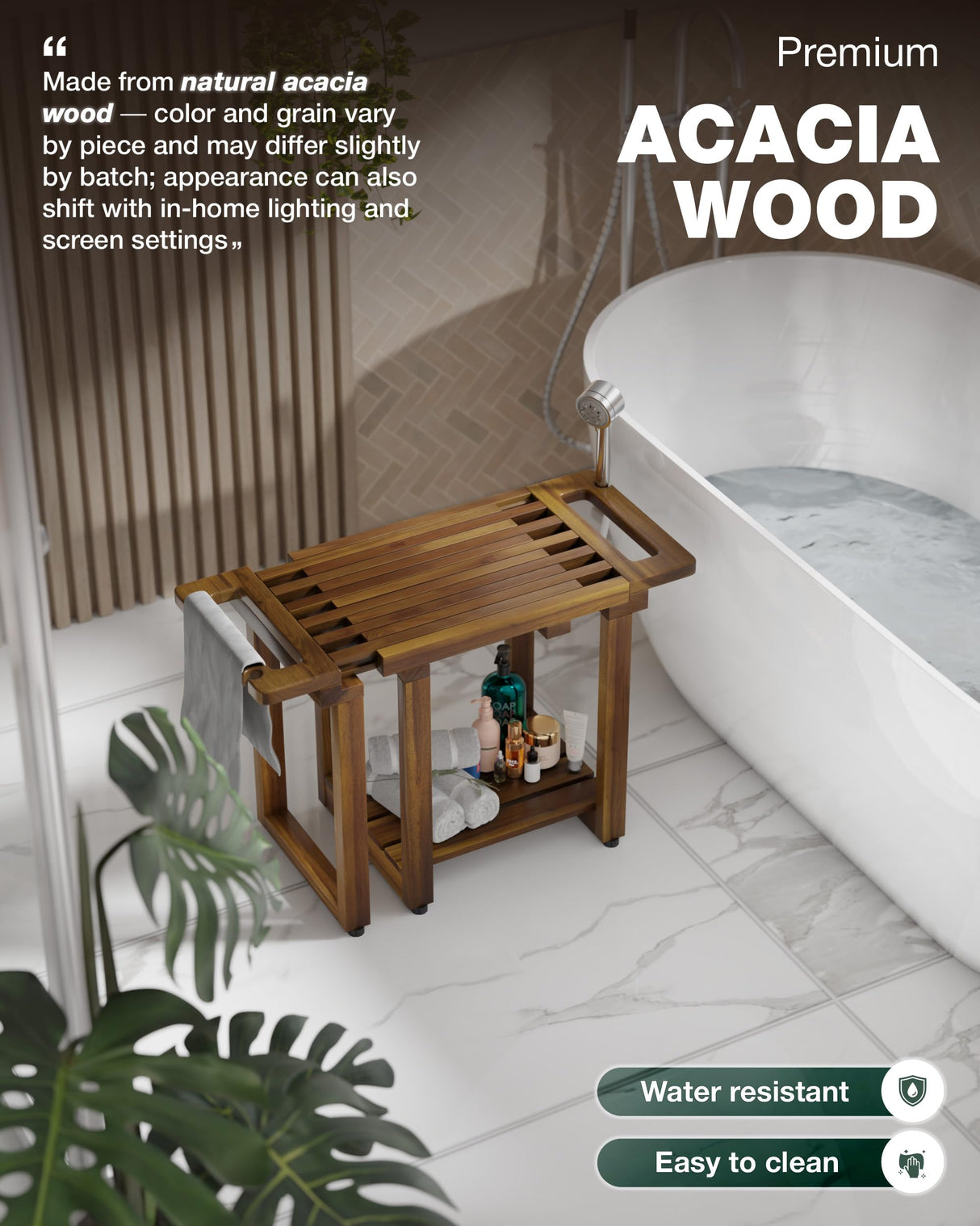 BLUEWEST Adjustable Shower Bench Stool for Inside Shower β 31.7'' Wood Bathroom Bench with Storage Shelf, Built-in Handle & Shower Head Holder, Waterproof Ideal for Sitting, Shelving Legs and Spa Use BLUEWEST