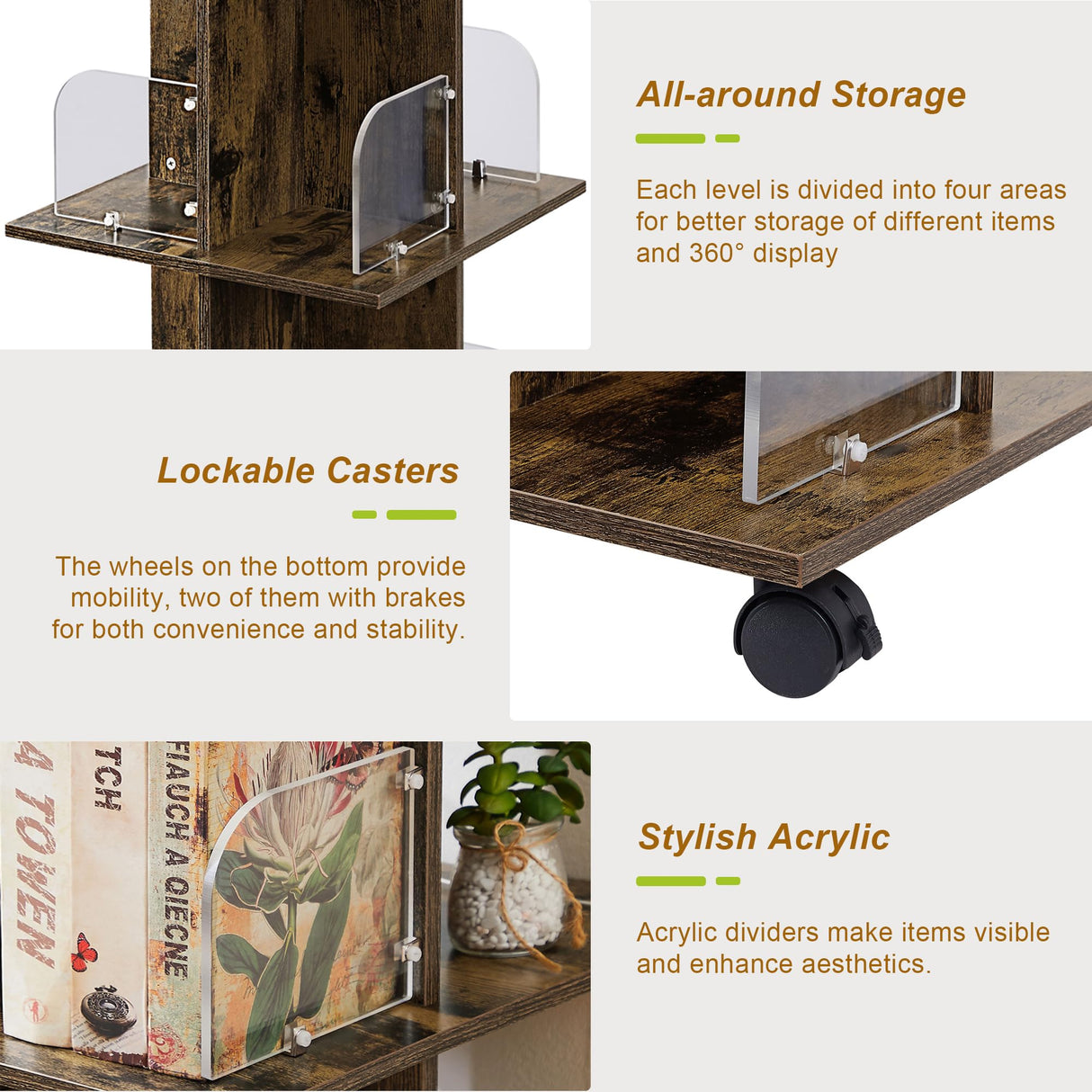 VECELO 360° Rotating Bookshelf with Wheels - 4-Tier Compact Corner Bookcase in Brown VECELO