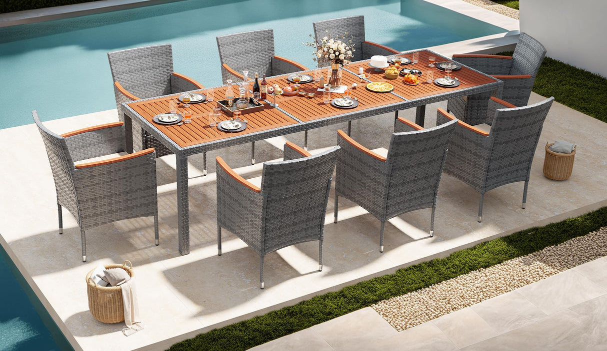 Devoko Outdoor Patio Dining Sets 9 Pieces Wicker Outdoor Dining Table and Chairs Set with Acacia Wood Table Top and Widened Armrests for Backyard, Garden, Deck (Grey) Devoko