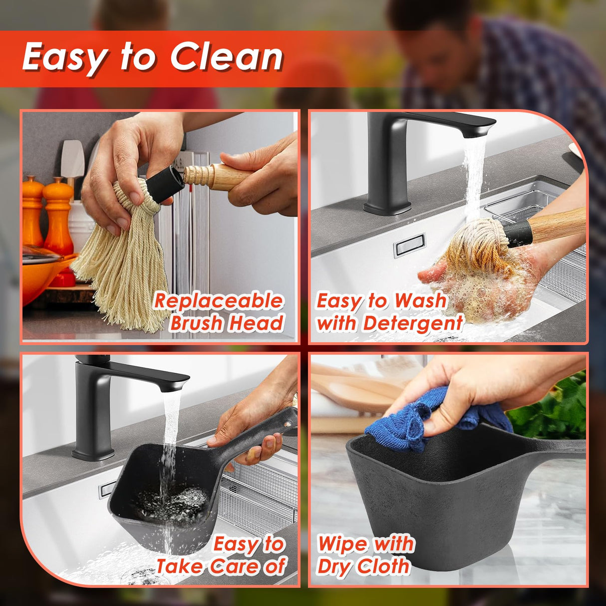 SafBbcue Cast Iron BBQ Sauce Pot and Mop Brush Set,Barbecue Cooking Accessories Heat Preservation Heavy Basting Pot & Mop with 4Pcs Heads for Big Green Egg Grill Grilling,Heavy Pot Gifts for Griller SafBbcue