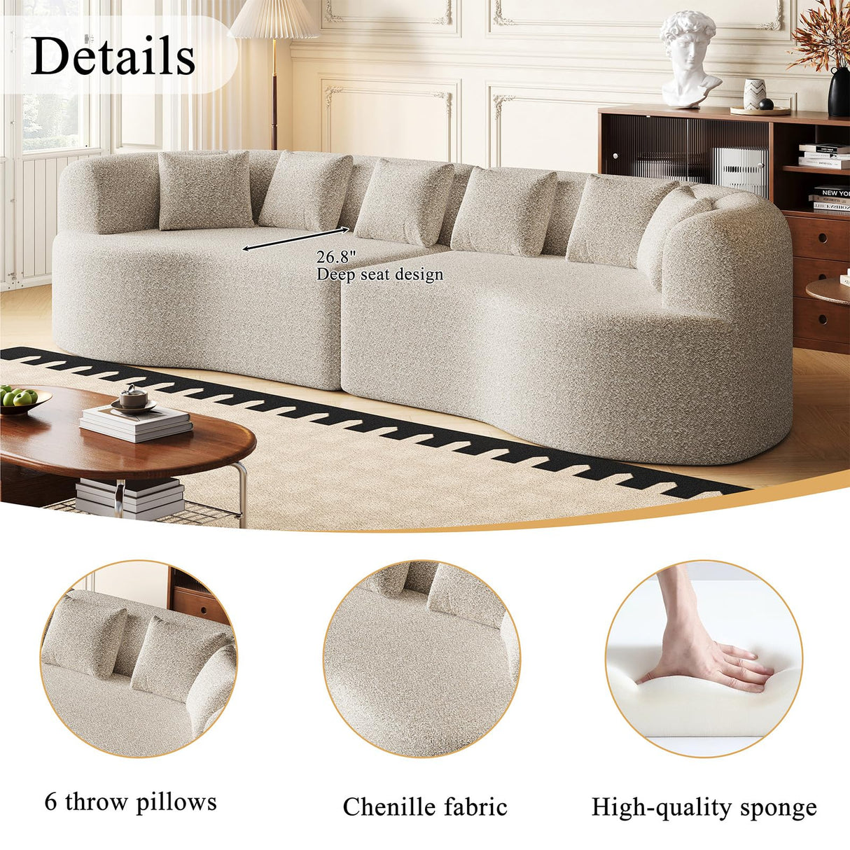 106” Oversized Curved Sectional Couch, Chenille Memory Foam Boneless Compression Sofa Couch with 6 Pillows, Modern Floor Deep Seat Sofa for Living Room, Office, Apartment, No Assembly Needed, Beige KINFFICT