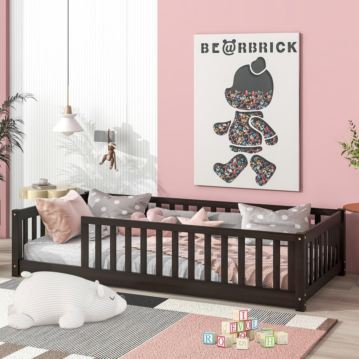 LLS Twin Floor Bed for Children, Durable Montessori Floor Bed with Sturdy Slats and Safety Fence, Solid Wood Floor Bed Frame for Girls Boys and Teens, Espresso (Without Door) LLS