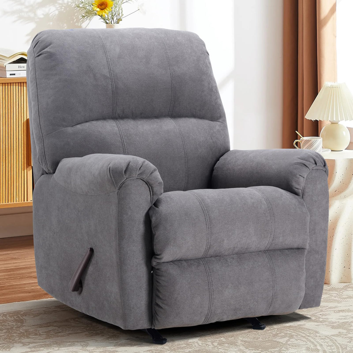 CANMOV Rocker Recliner Chair for Adults,Manual Recliner Chair with Overstuffed Backrest and Armrests, Soft Fabric Manual Rocking Reclining Sofa for Living Room,Grey CANMOV
