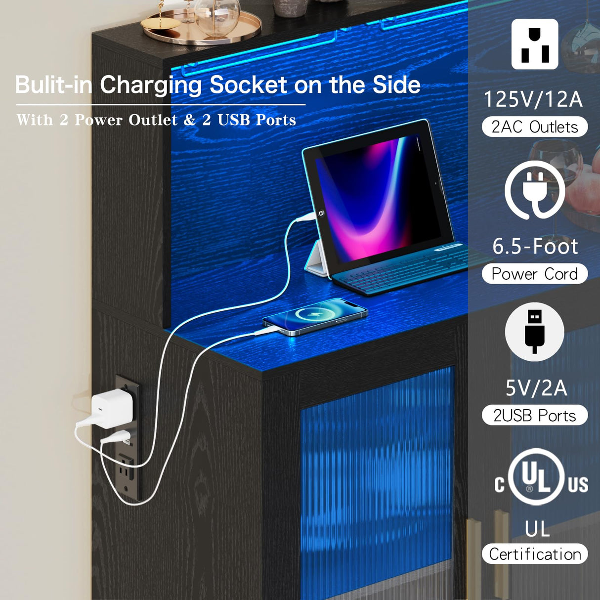 Wine Bar Cabinet with LED Light, Liquor Cabinet Bar for Home with Wine and Glass Rack, Modern Kitchen Coffee Bar Cabinet with Storage, Buffet Sideboard with Drawers for Living Dining Room, Black amzzar