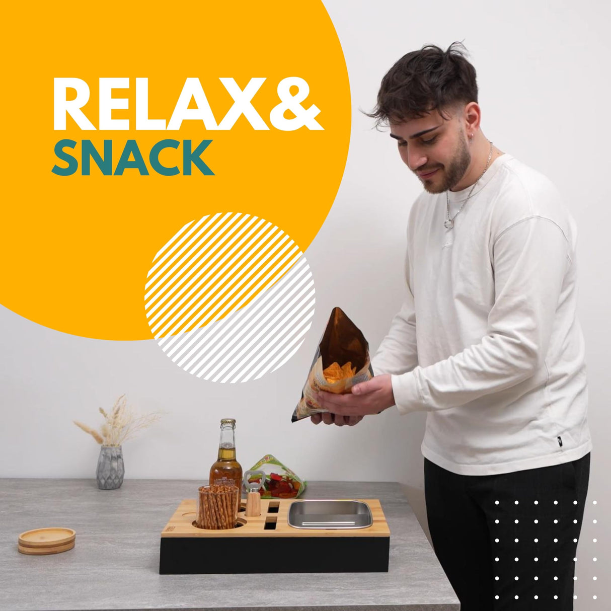 D&D Living® Couch Caddy - Bamboo Couch Console | Anti-Spill Drink and Cup Holder | Snack Organizer Tray for Sofa with Bottle Opener D&D Living