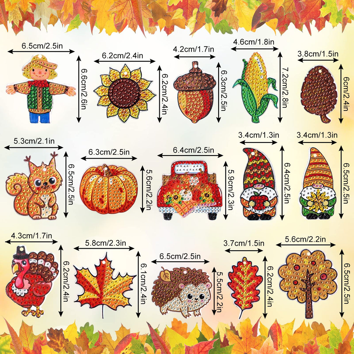 Whaline 15Pcs Fall Diamond Drawing Keychain Kit Autumn Gnome Animal Plants Fall 5D DIY Diamond Art Ornaments Rhinestone Mosaic Making Full Drill Diamond Key Chain for Kids Crafts Gifts Party Supplies Whaline
