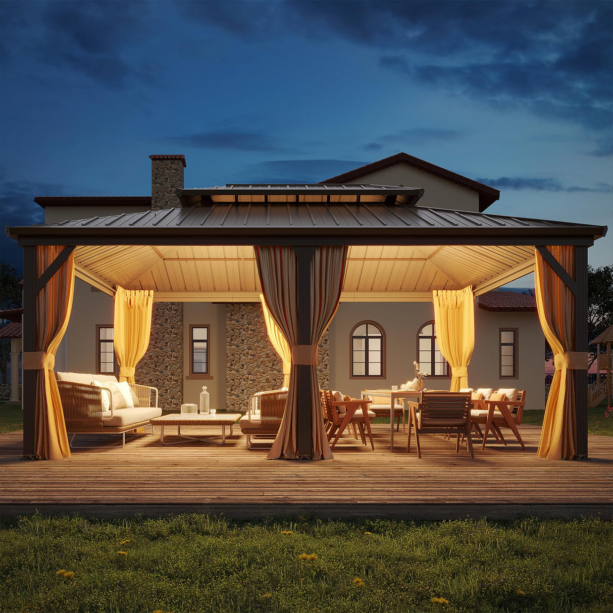 YOLENY 12' x 18' Hardtop Gazebo, Metal Gazebo with Aluminum Frame, Double Galvanized Steel Roof, Curtains and Netting Included, Metal Gazebos Pergolas for Patios, Garden, Parties, Lawns YOLENY