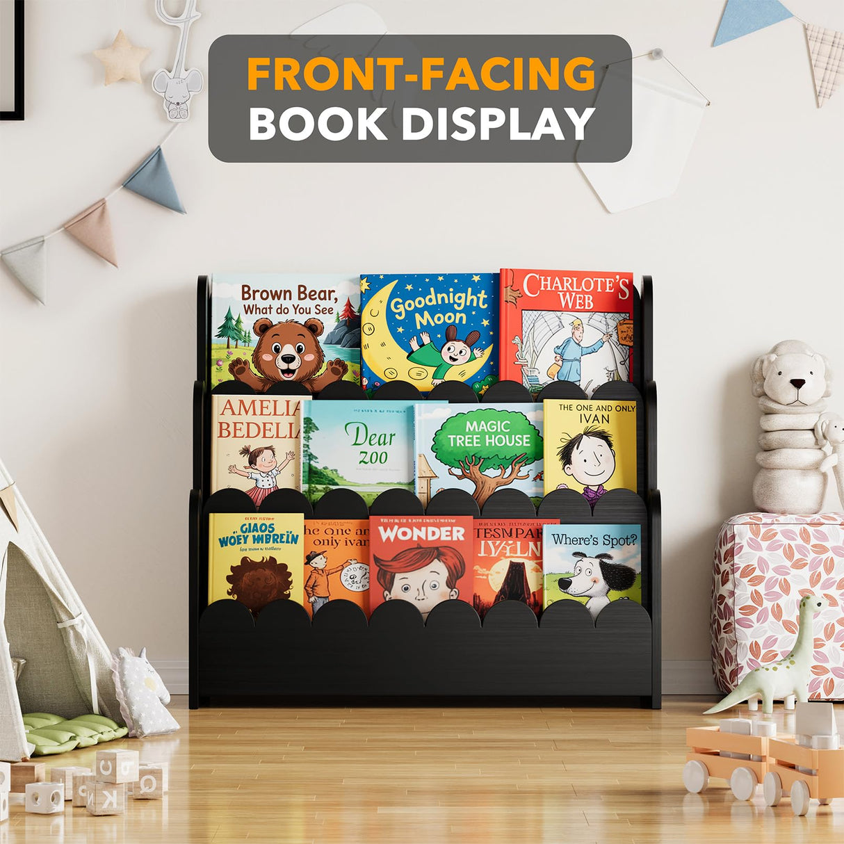 SpaceAid 3-Tier Scalloped Bookshelf, Montessori Bookcase for Toddlers, Wooden Book Shelf Organizer Display Furniture for Kids Rooms, Playroom, Nursery and Classroom, Black SpaceAid