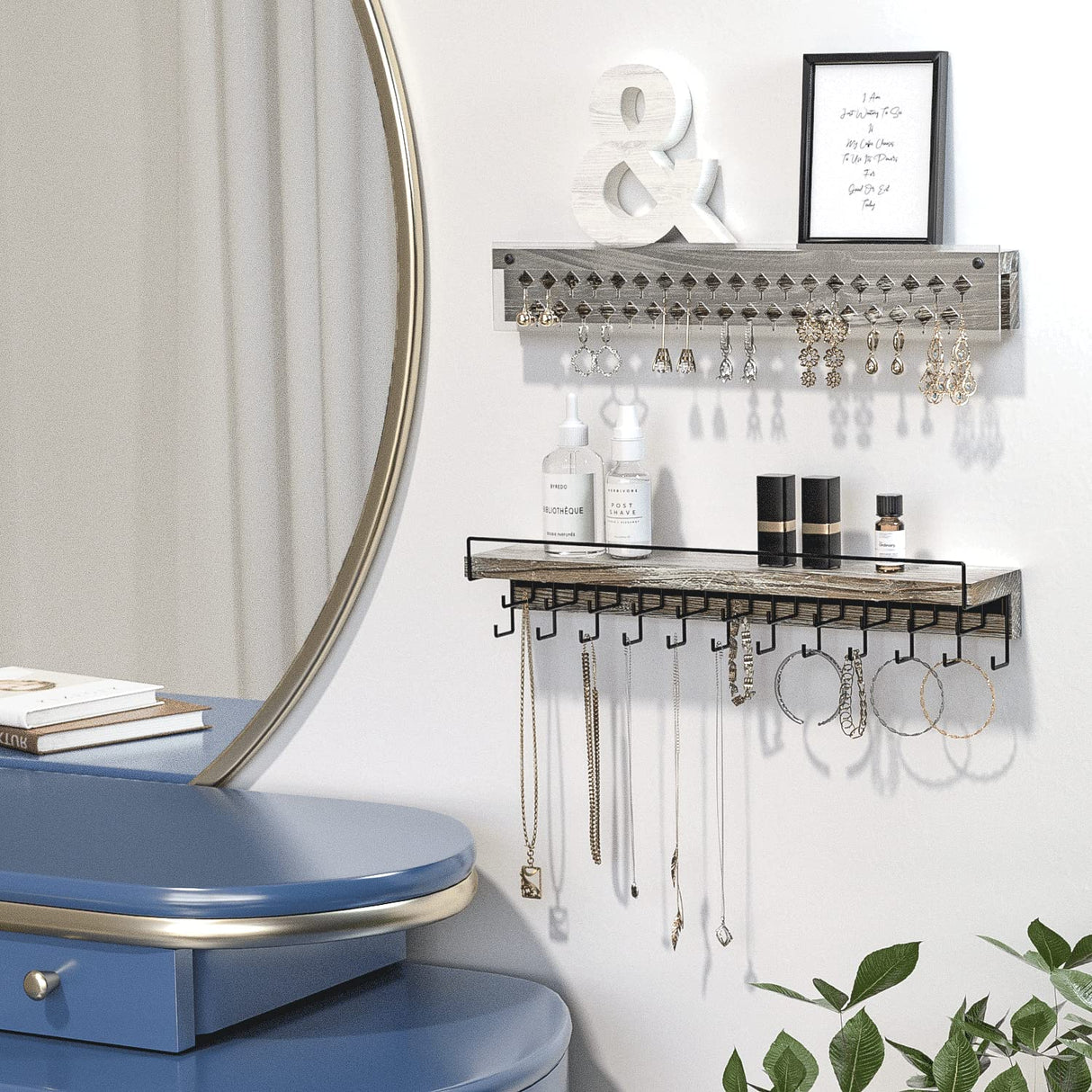 J JACKCUBE DESIGN Wall Mount Necklace Holder Jewelry Hanger with 23 Hook Necklace & Bracelet Racks, Rustic Farmhouse Wood Earring Display with Clear Acrylic - MK585A J JACKCUBE DESIGN