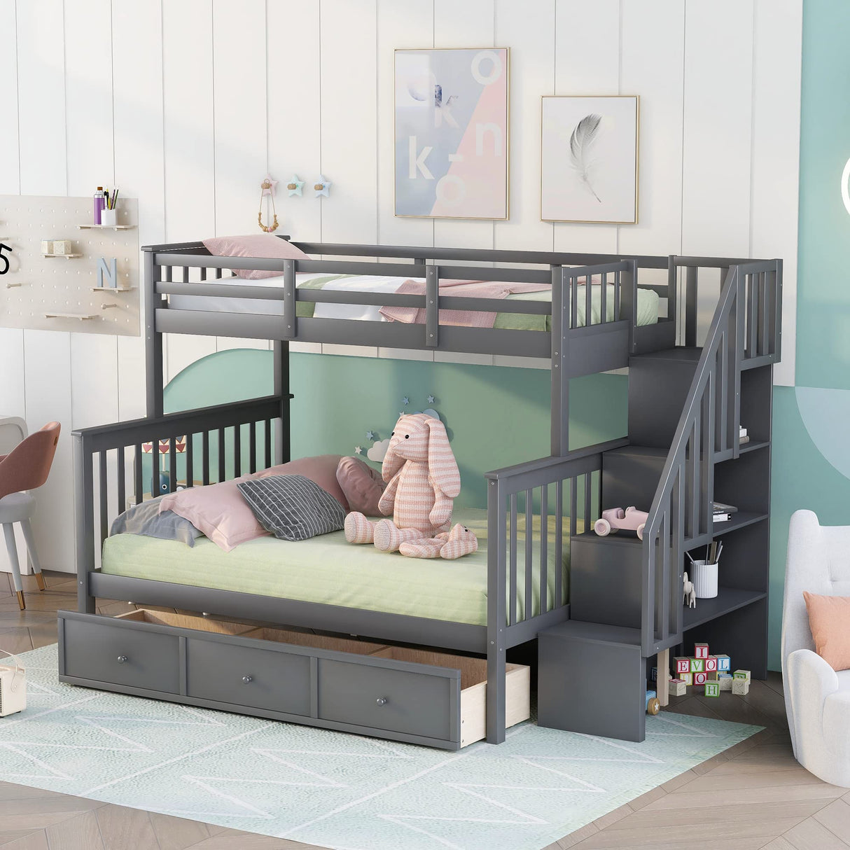 Twin Over Full Bunk Bed with Stairs and Storage Drawers by Harper & Bright Designs in Grey Harper & Bright Designs