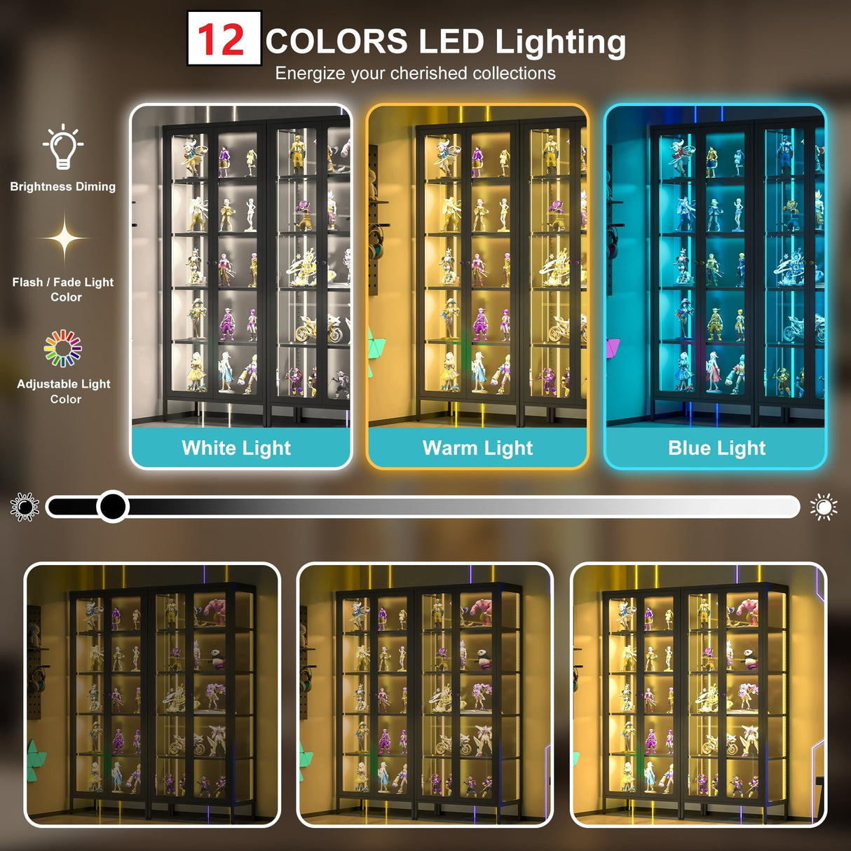 Desirable Life Display Cabinet with Glass Doors, Metal Storage Cabinet with 4 Adjustable Shelves, 5 Tier Curio Cabinet with LED Lights, 67” Tall Display Case for Collectibles, Black Desirable Life