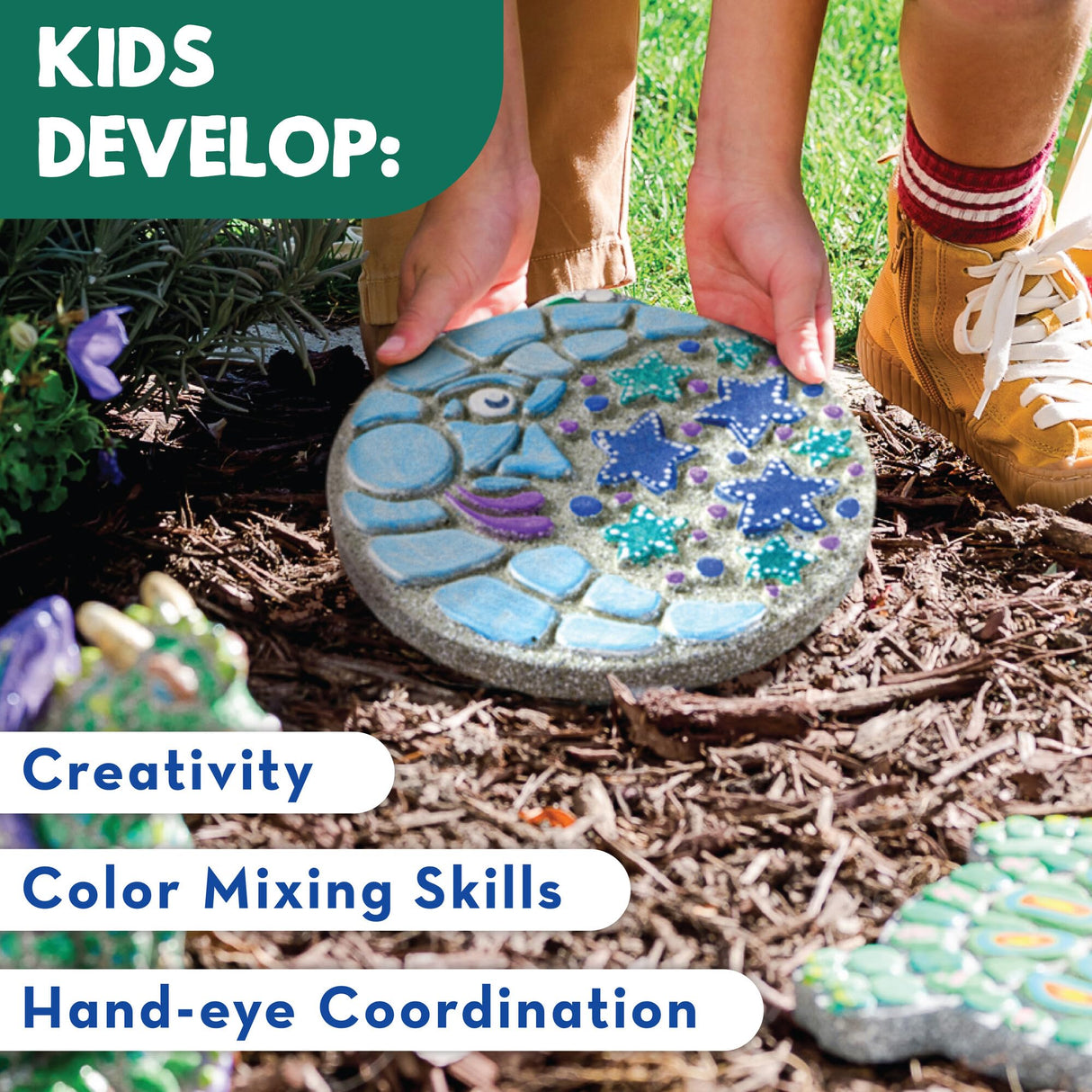 MindWare Paint Your Own Stepping Stone Kit - Mosaic Moon and Stars - Kits Include Paint and Brushes - MindWare