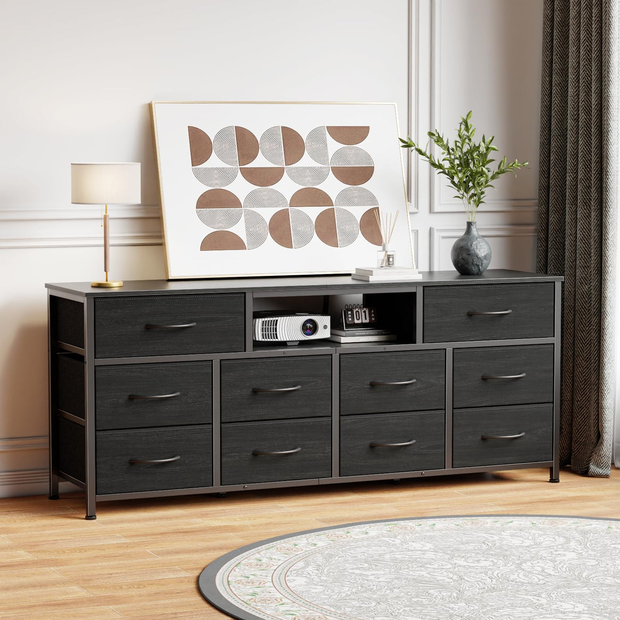 Furnulem 55” Long Dresser for Bedroom, TV Stand for 55 to 65 inch TV, Black Dresser with 10 Fabric Drawers, Chest of Drawer for Closet, Entertainment Center with Power Outlet & LED Light Furnulem