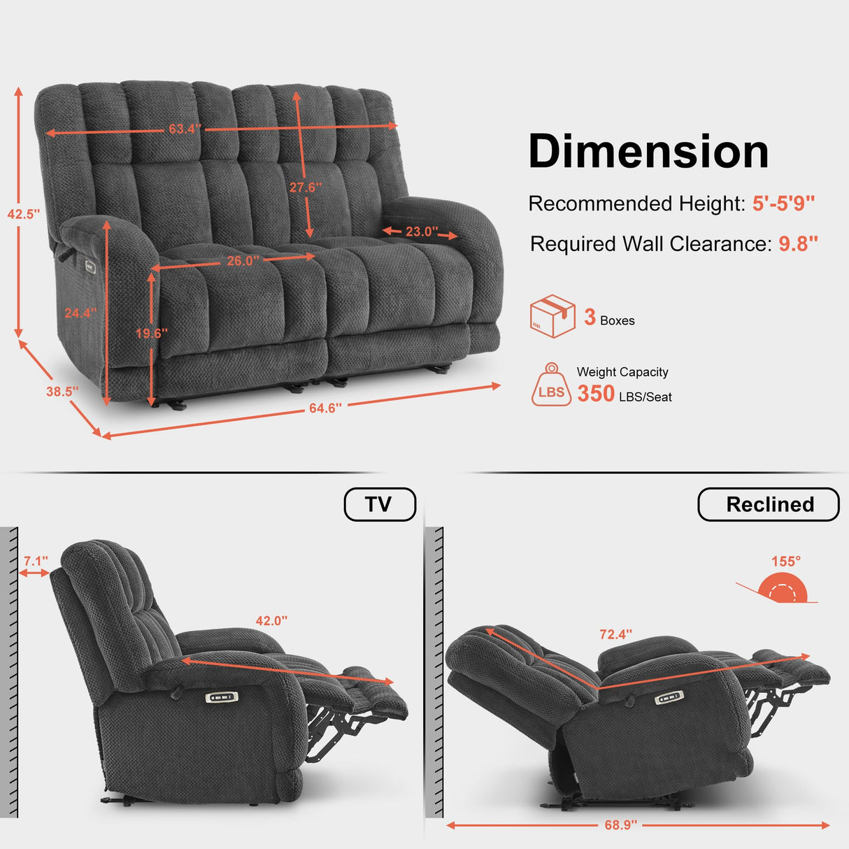 MCombo 64.6" Oversize Power Reclining Loveseat Sofa with Adjustable Headrest, Heat and Vibration Massage, Electric Loveseat Recliner with USB Charge Ports for Living Room 6855 (Dark Grey) MCombo